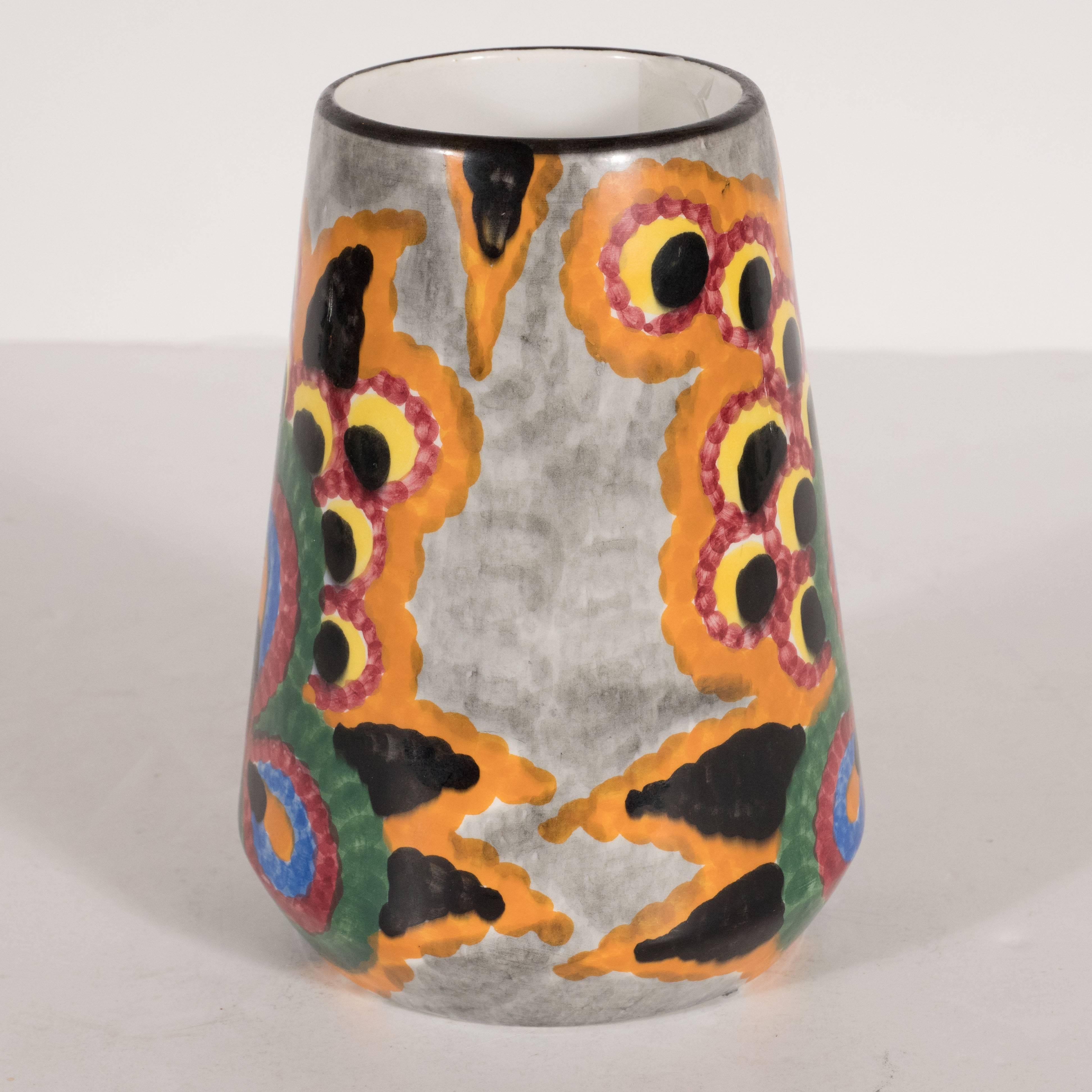 German Art Deco Hand-Painted Schramberg SMF Vase with Vibrant Abstract Patterns