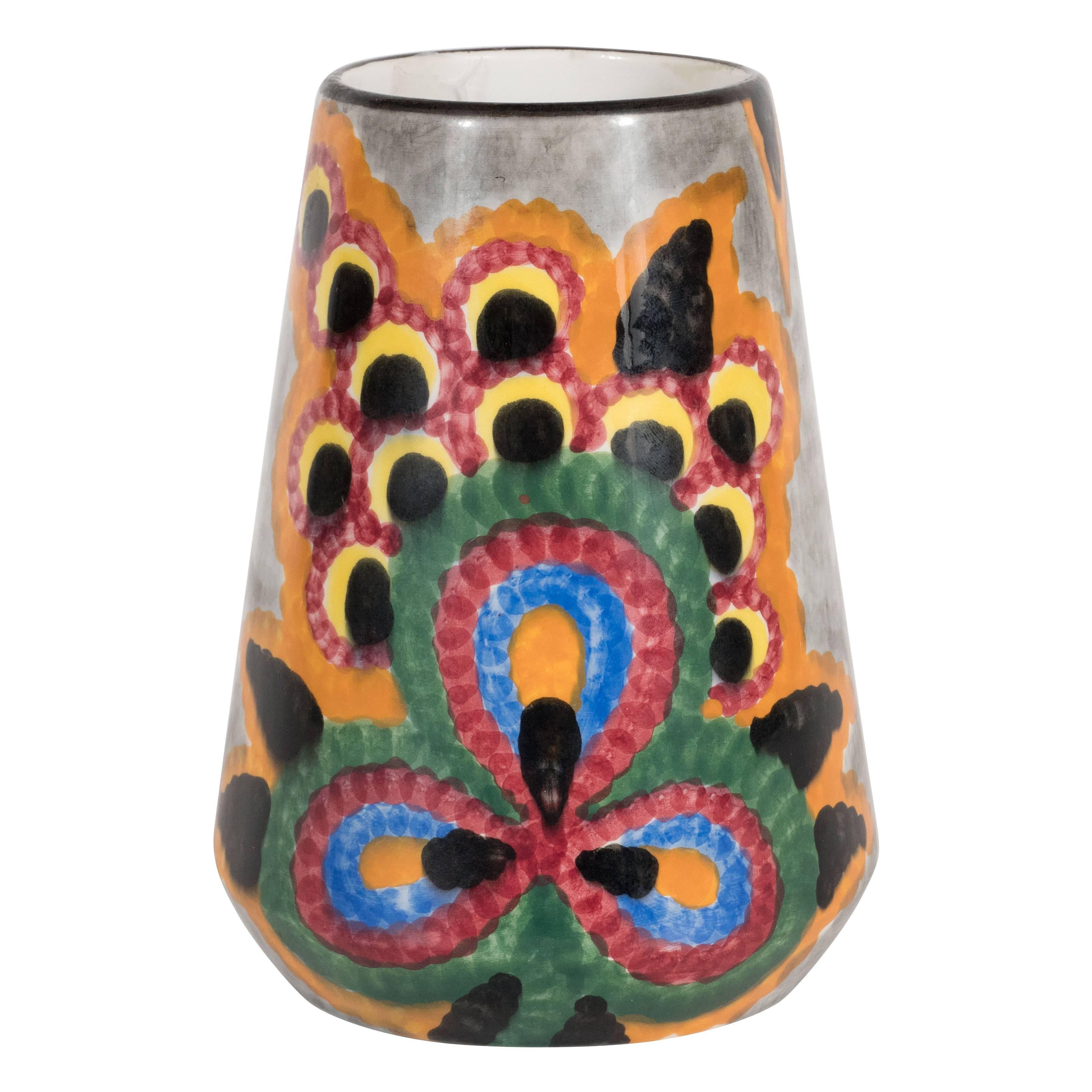 Art Deco Hand-Painted Schramberg SMF Vase with Vibrant Abstract Patterns