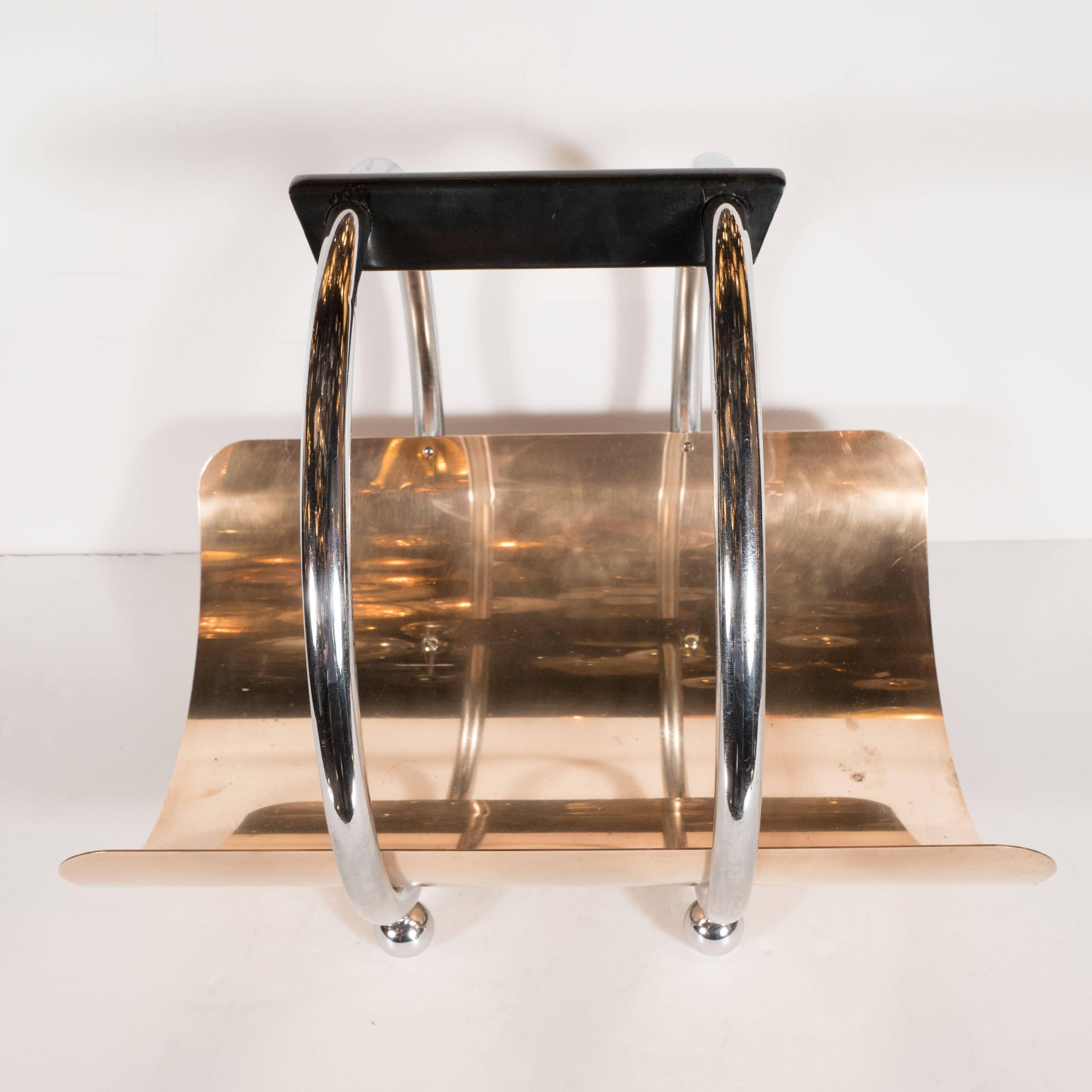 Hardwood American Art Deco Machine Age Log Holder in Chrome and Copper by Leslie Beaton