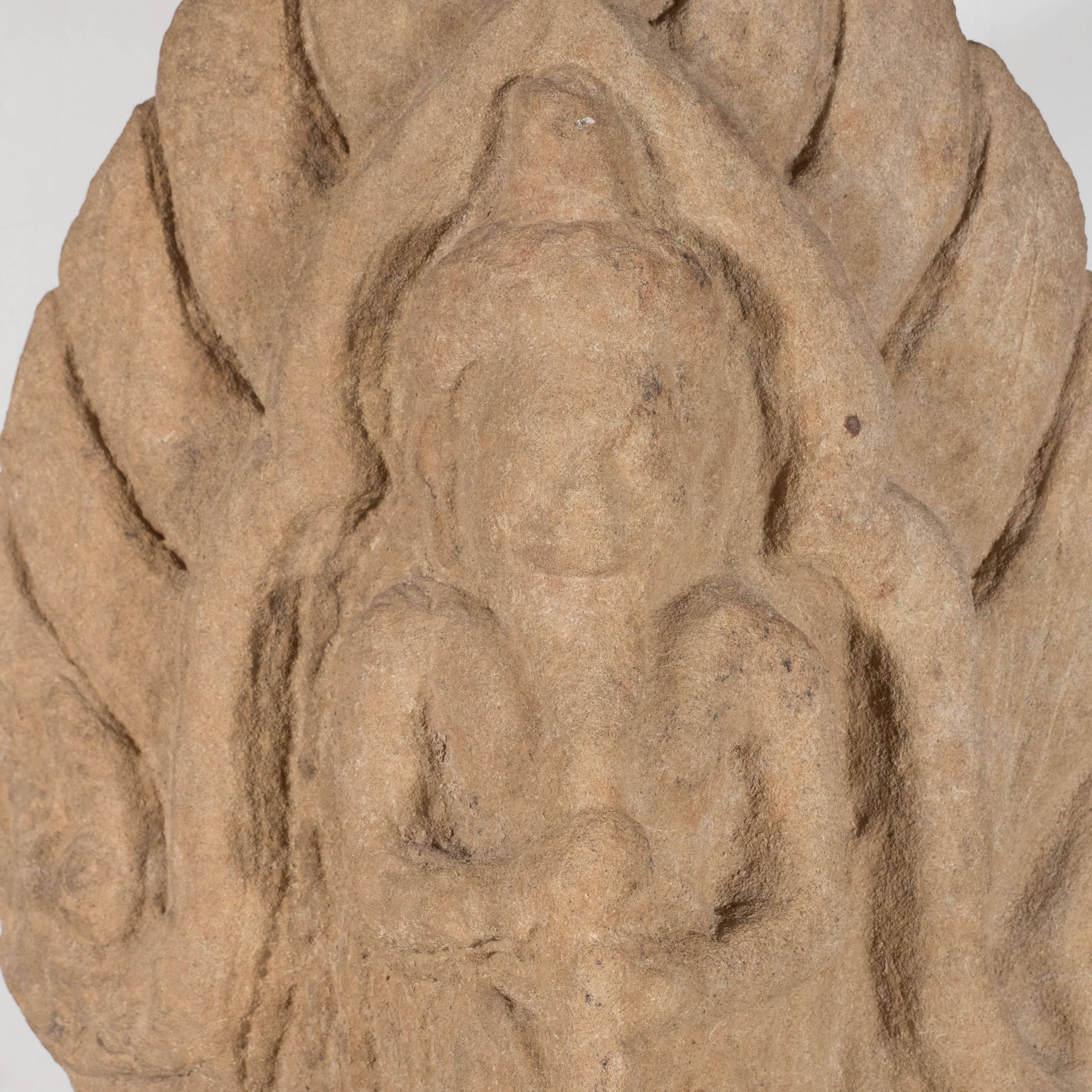 Antique Indian Hand-Carved Limestone Temple God with Lotus Leaf Motif In Excellent Condition In New York, NY