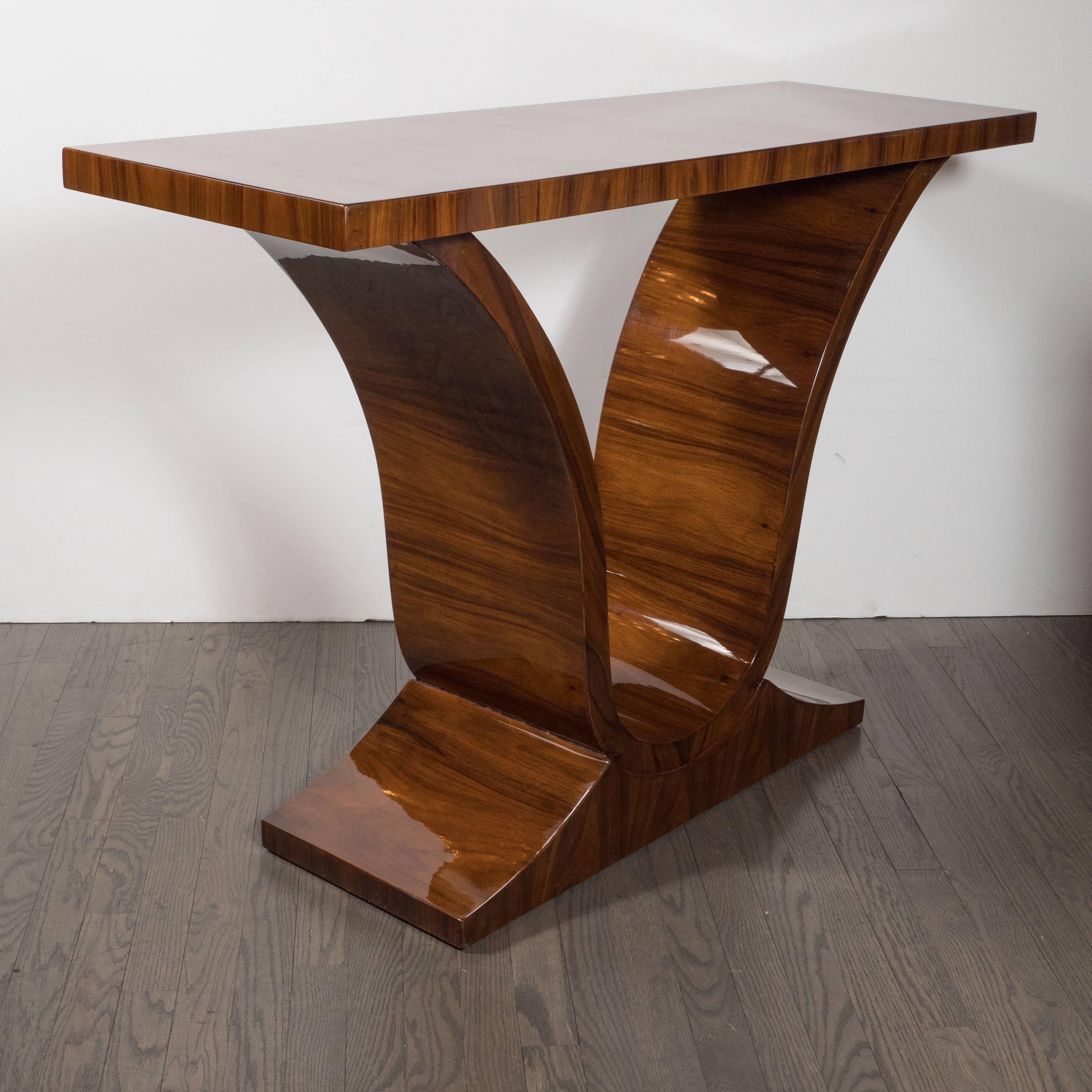French Art Deco Bookmatched Walnut Urn Form Console Table In Excellent Condition In New York, NY