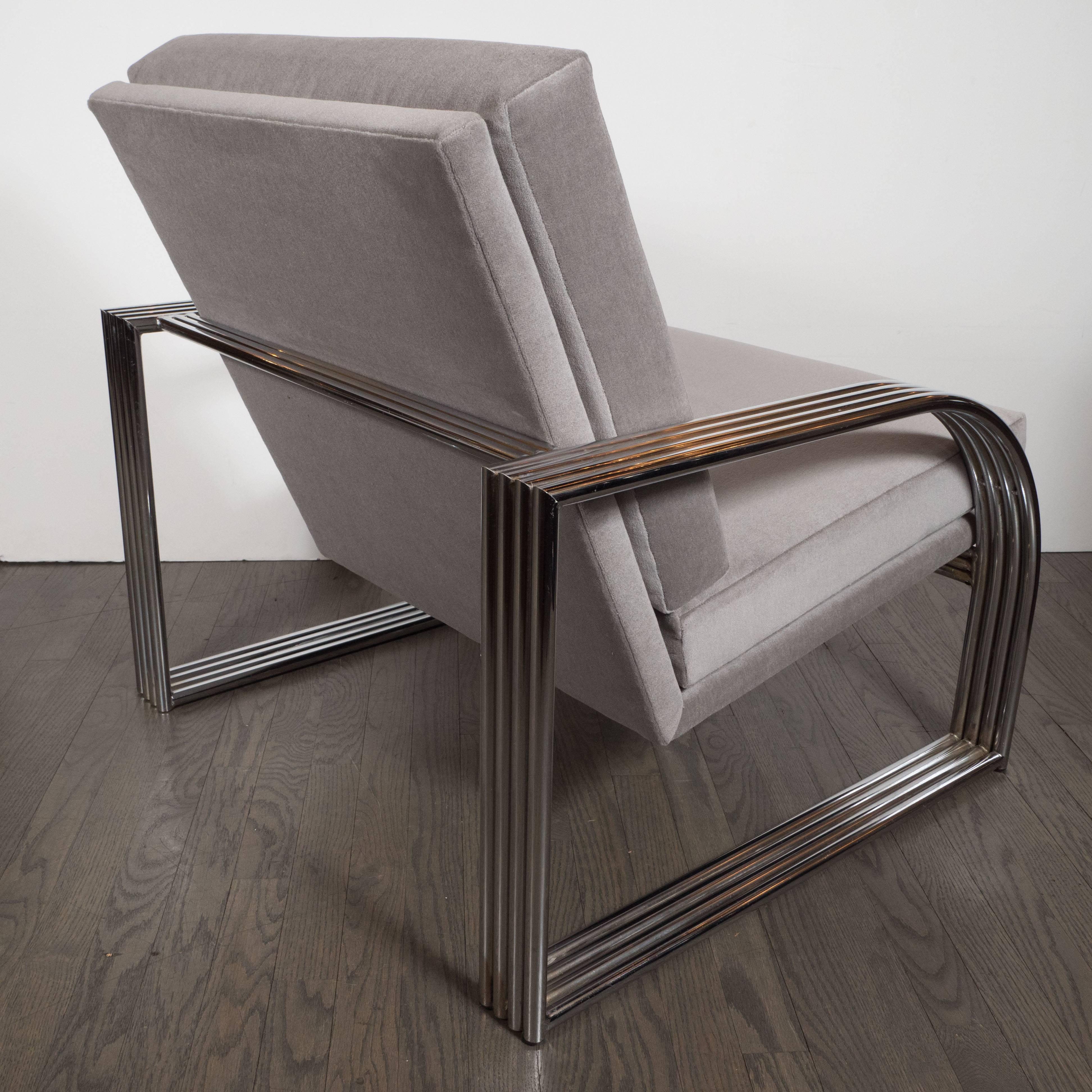 American Art Deco Revival Chrome and Platinum Velvet Club Chair in Jay Spectre Manner
