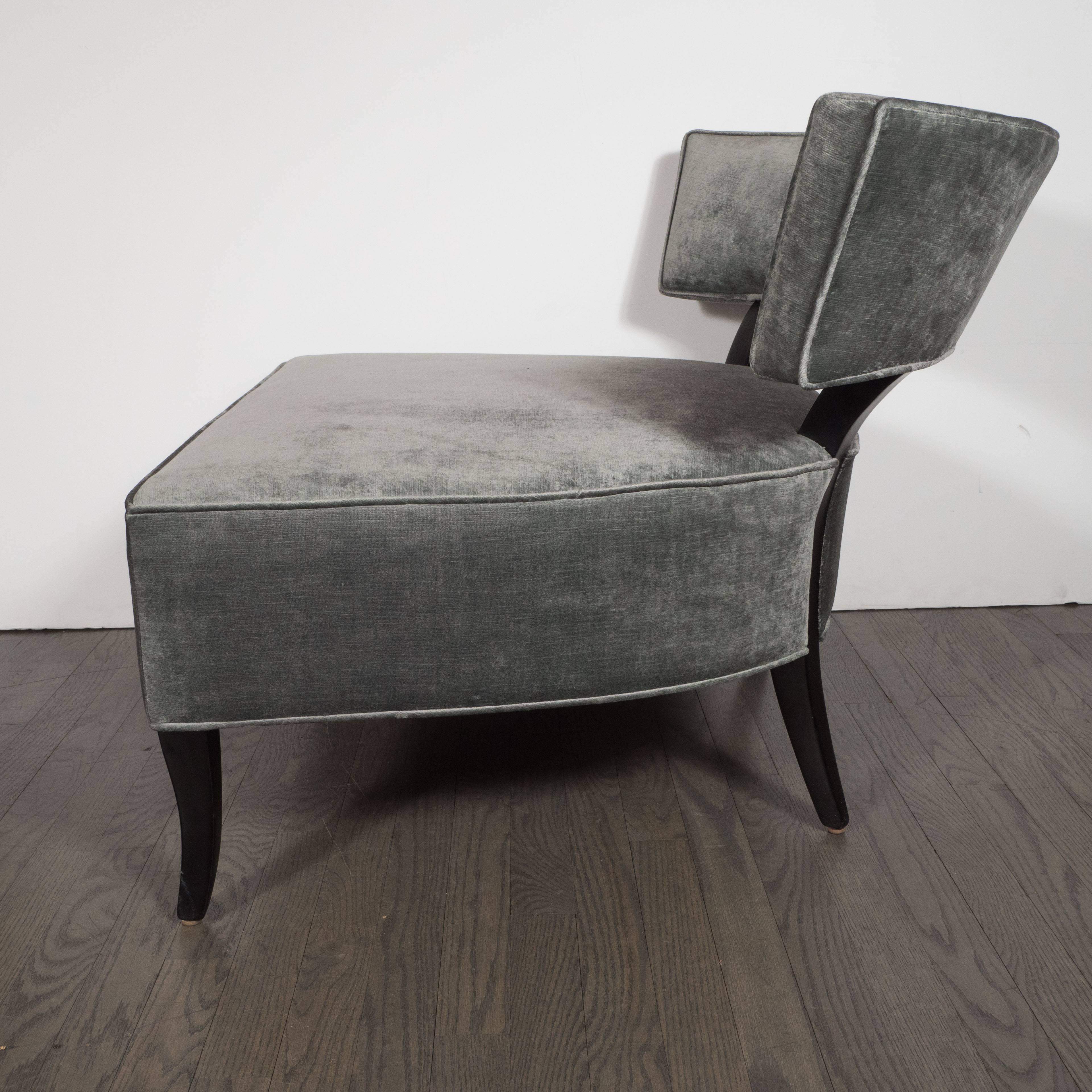 Ebonized Pair of Mid-Century Modern Klismos Slipper Chairs in Sage Velvet by Billy Haines