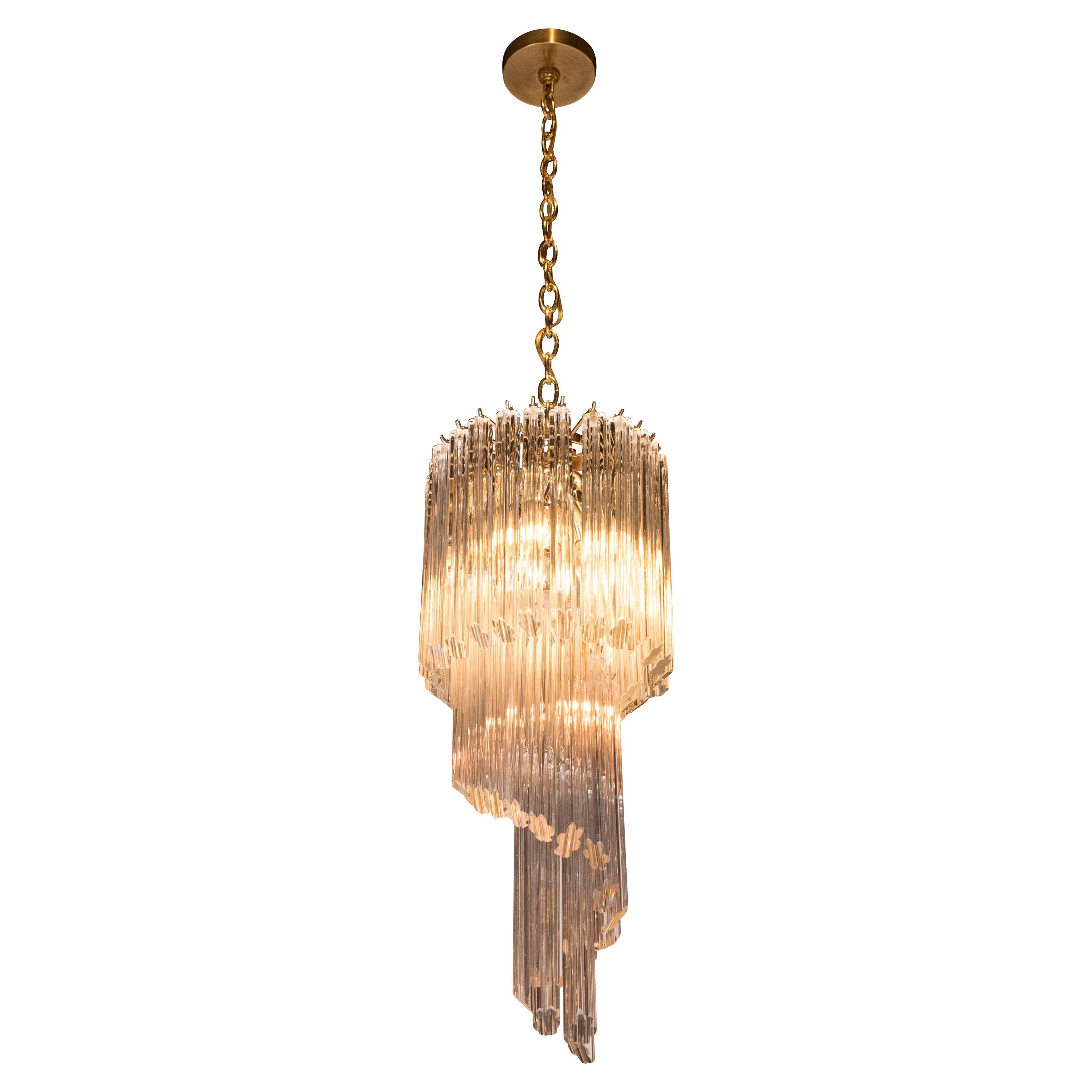 Mid-Century Modern Three-Tier Cut Triedre Camer Glass and Brass Chandelier For Sale