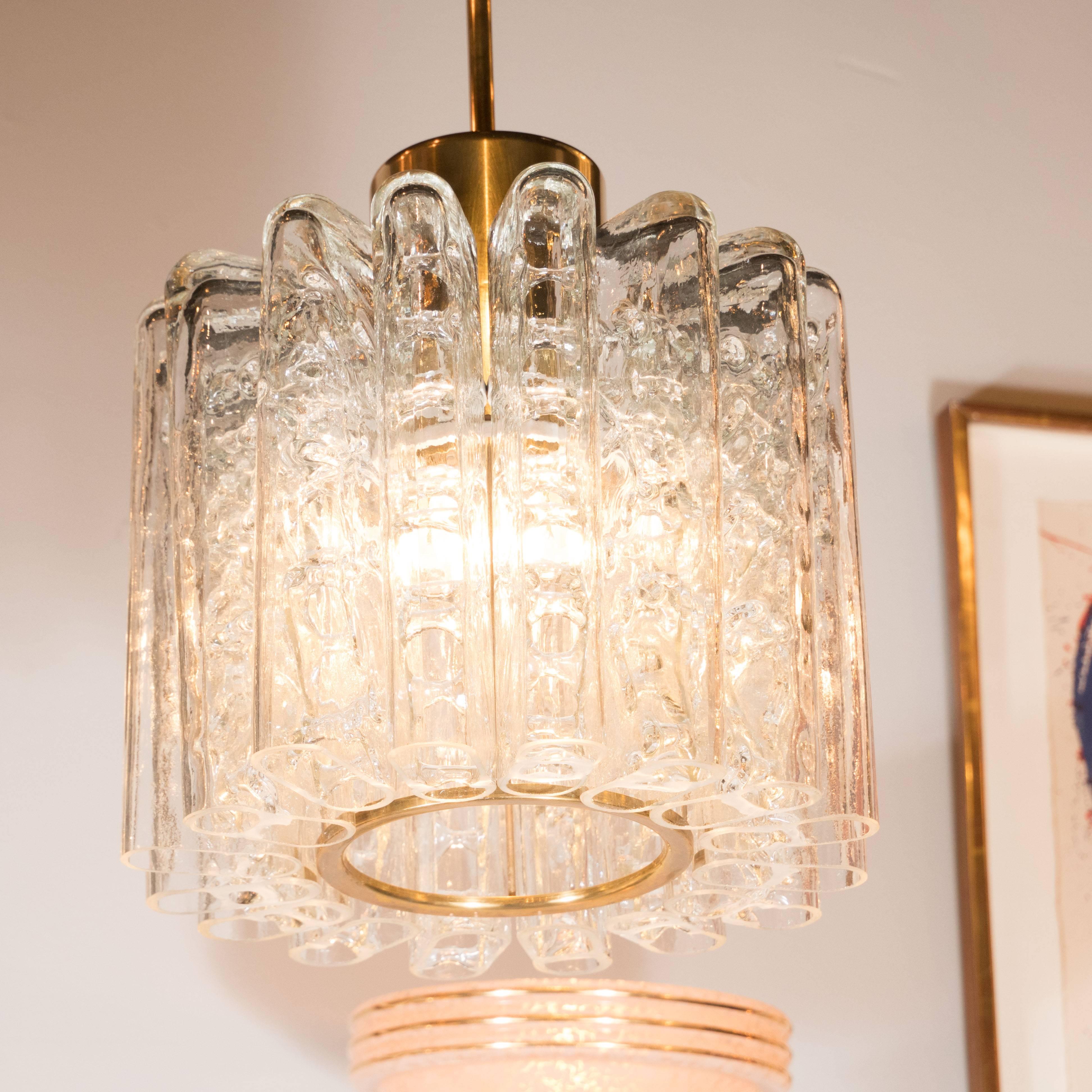 Mid-Century Modern Brass and Ice Glass Chandelier by J.T. Kalmar In Excellent Condition In New York, NY