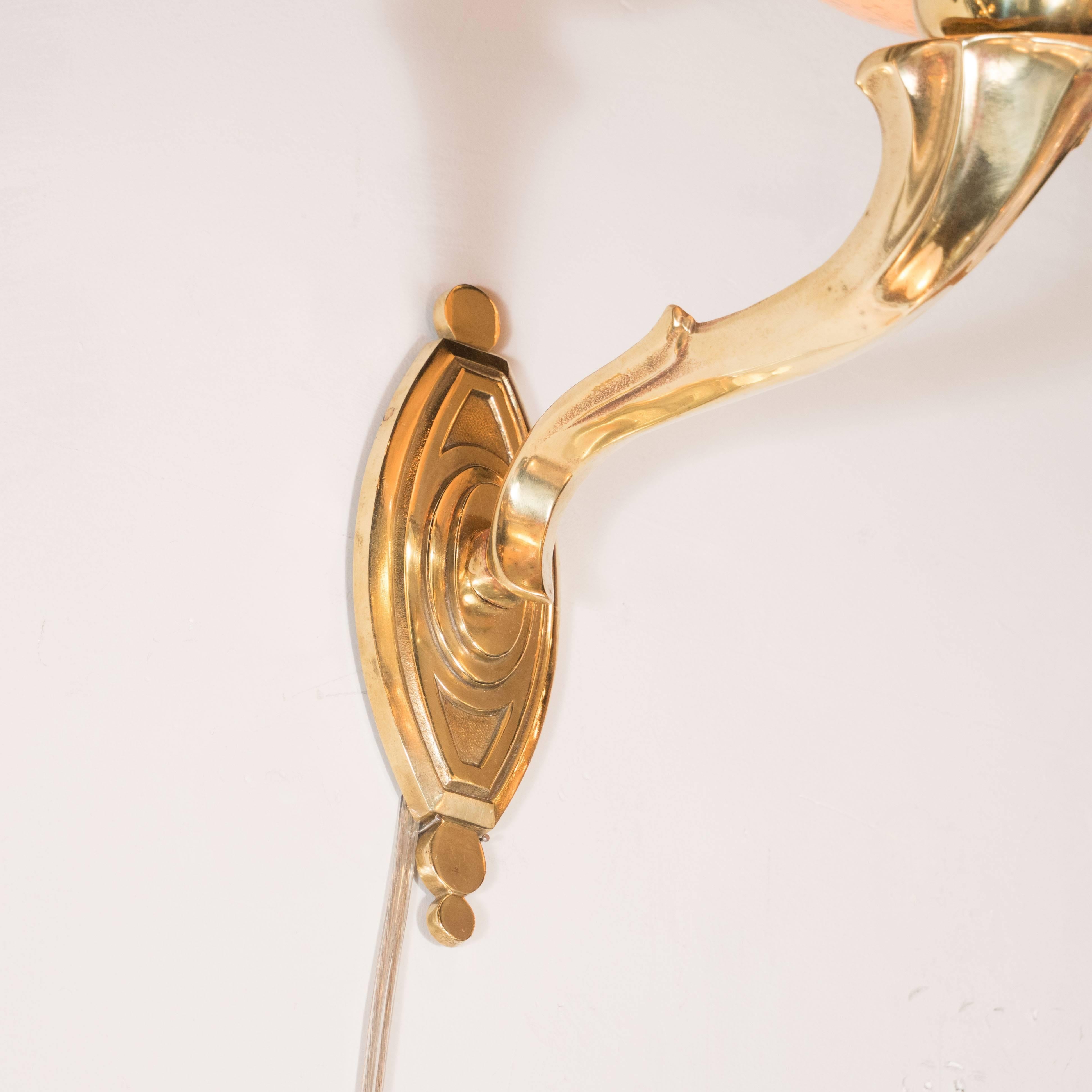 Mid-20th Century Art Deco Handblown Mottled Citrine Murano Glass Sconces and Brass Sconces