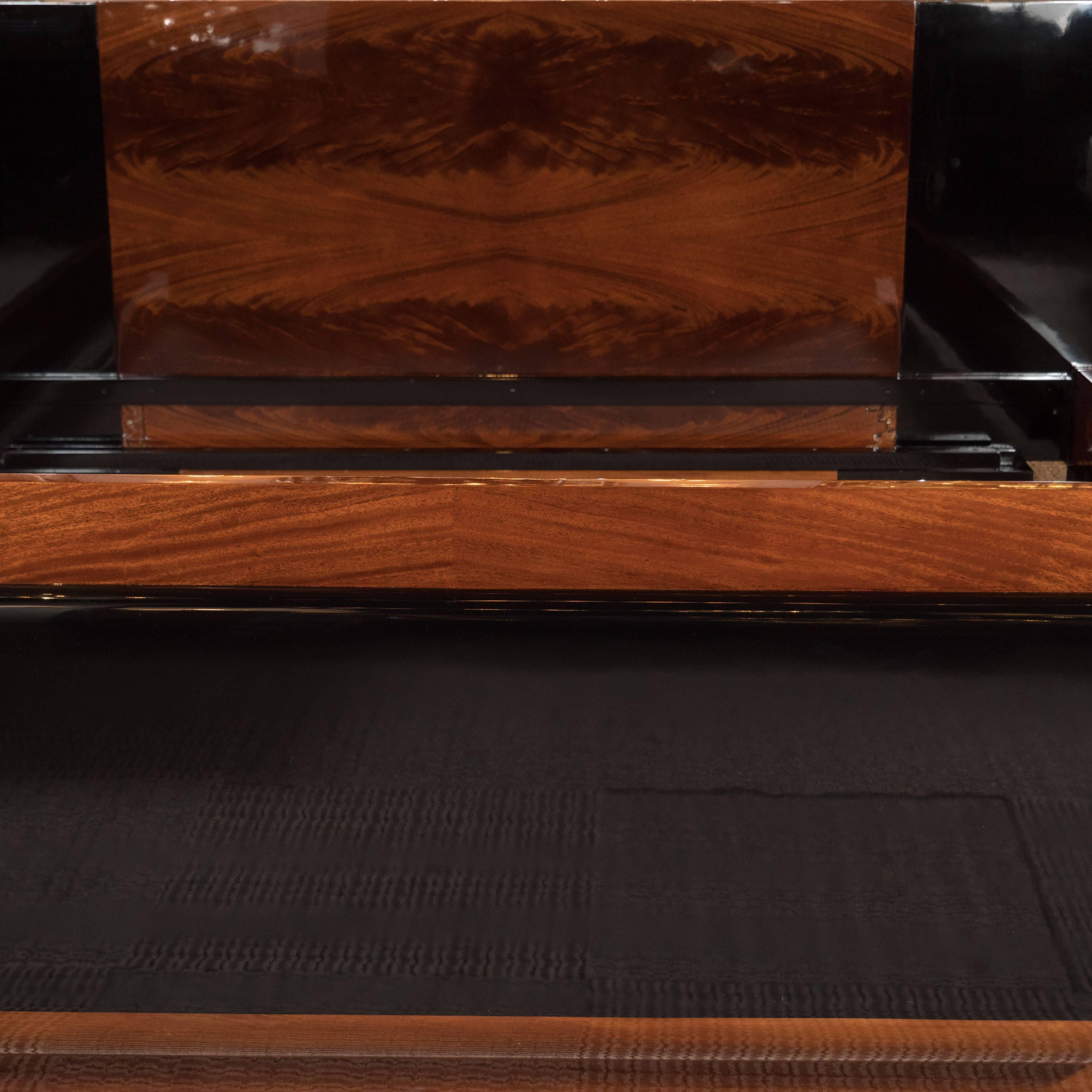 King Size Bed in Black Lacquer and Bookmatched Burled Walnut by Donald Deskey 1