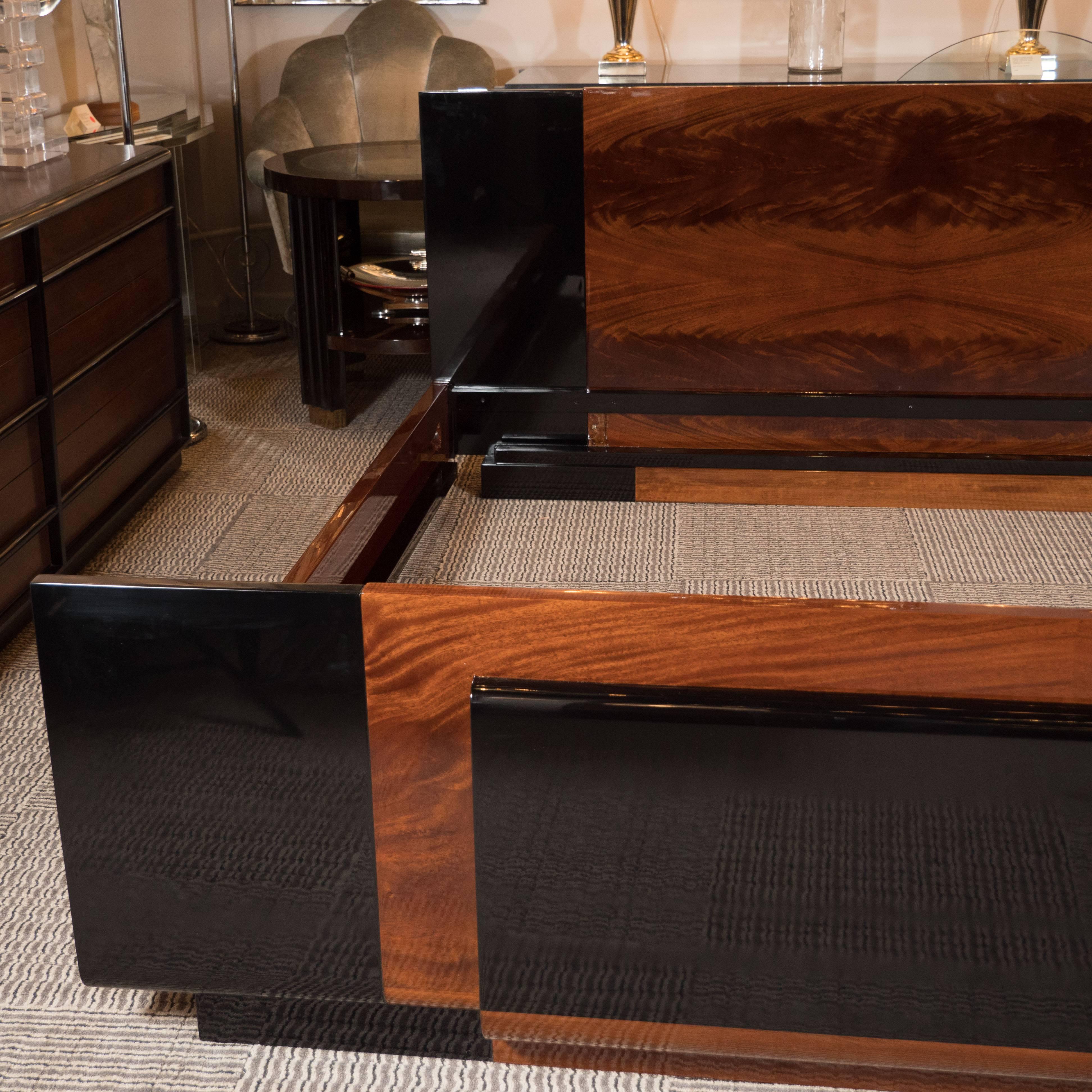 American King Size Bed in Black Lacquer and Bookmatched Burled Walnut by Donald Deskey