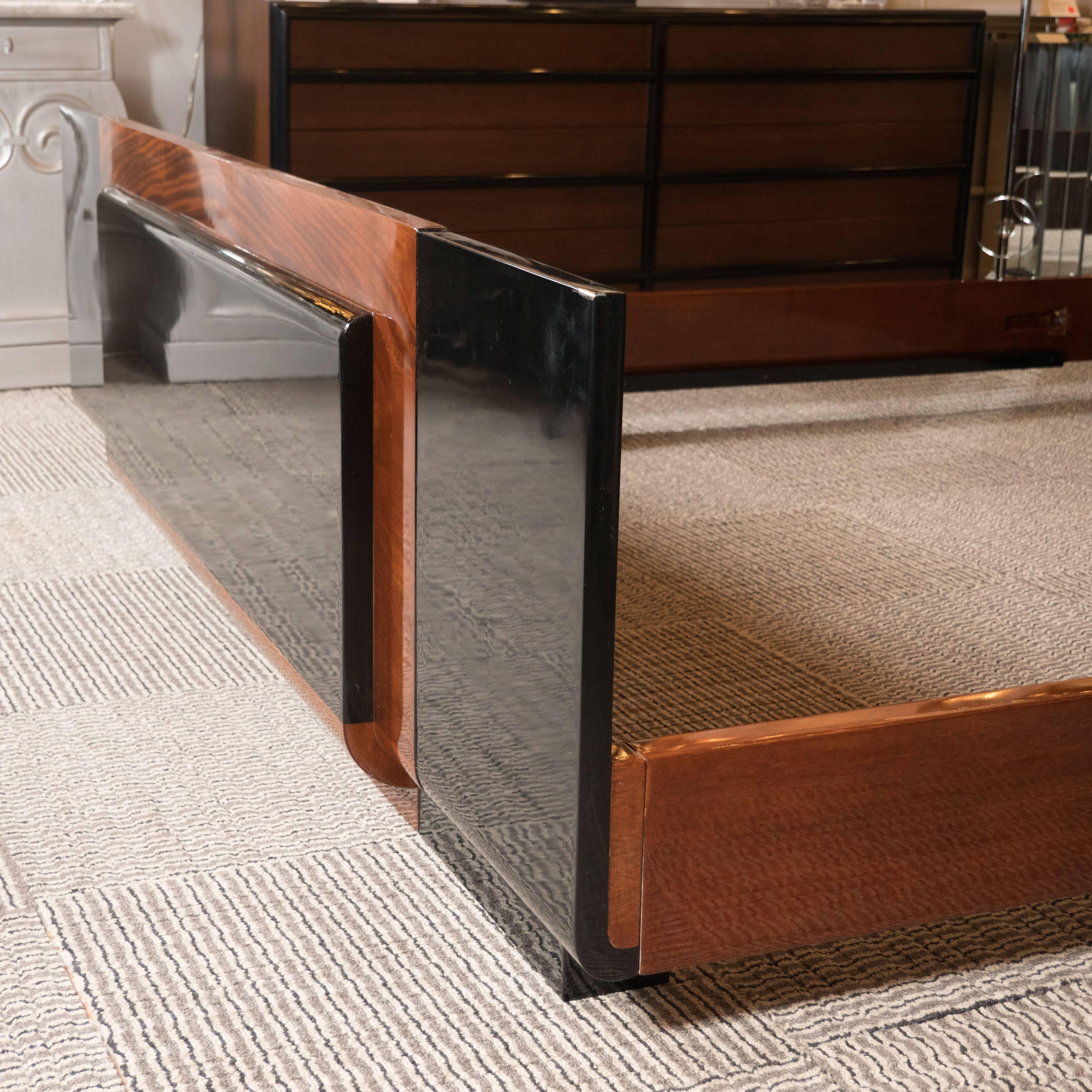 King Size Bed in Black Lacquer and Bookmatched Burled Walnut by Donald Deskey In Excellent Condition In New York, NY