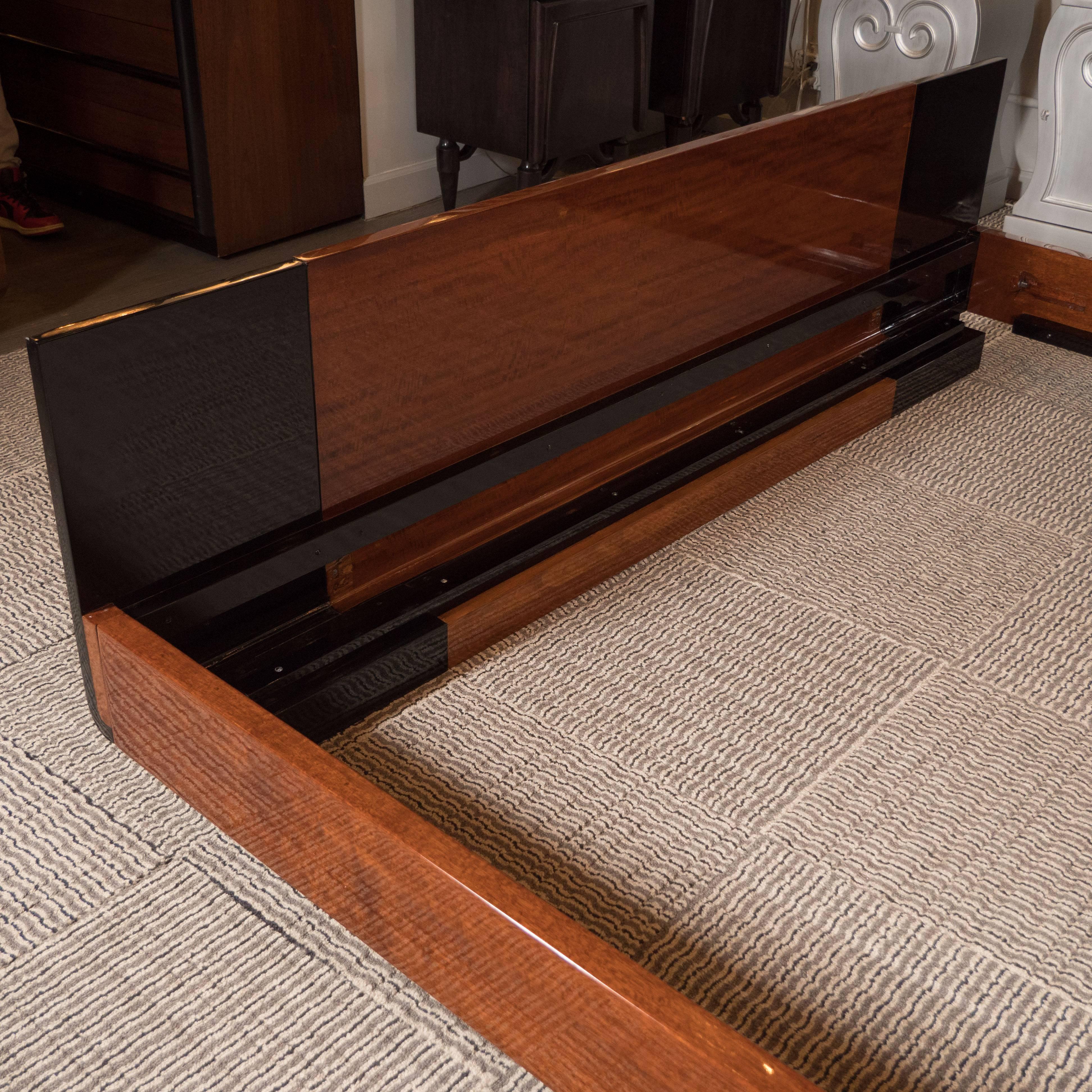 Mid-20th Century King Size Bed in Black Lacquer and Bookmatched Burled Walnut by Donald Deskey