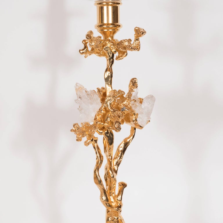 French Pair of Single Branch 24-Karat Gold-Plated Bronze Candlesticks by Claude Boeltz For Sale