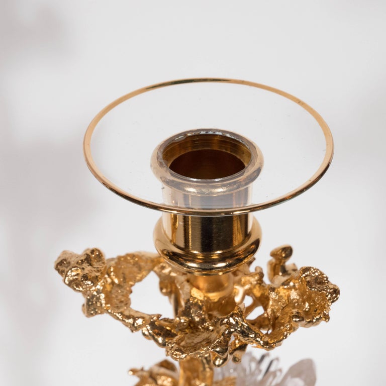 Pair of Single Branch 24-Karat Gold-Plated Bronze Candlesticks by Claude Boeltz For Sale 1