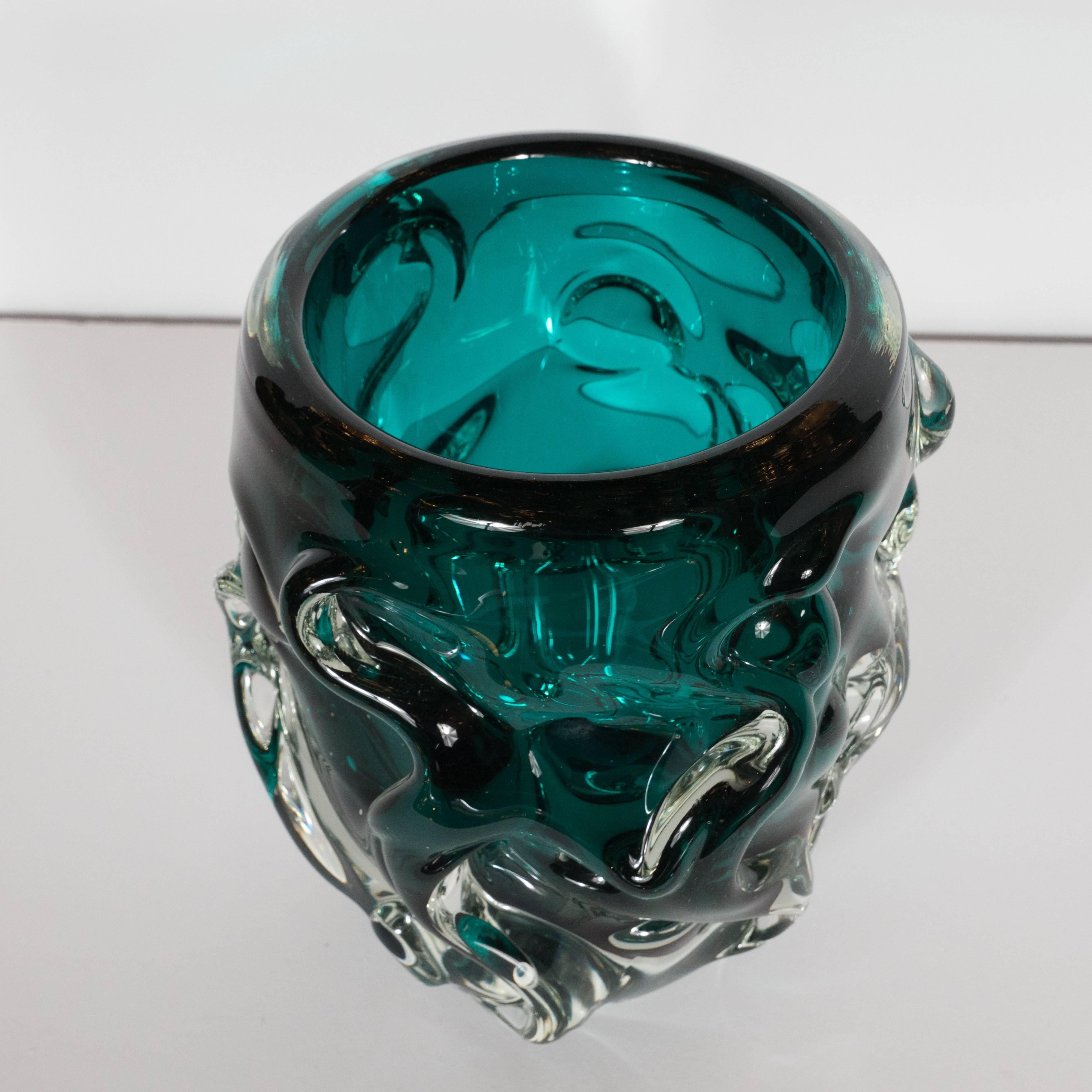 Mid-Century Modern Handblown Sculptural Murano Vase with in Translucent and Teal Glass