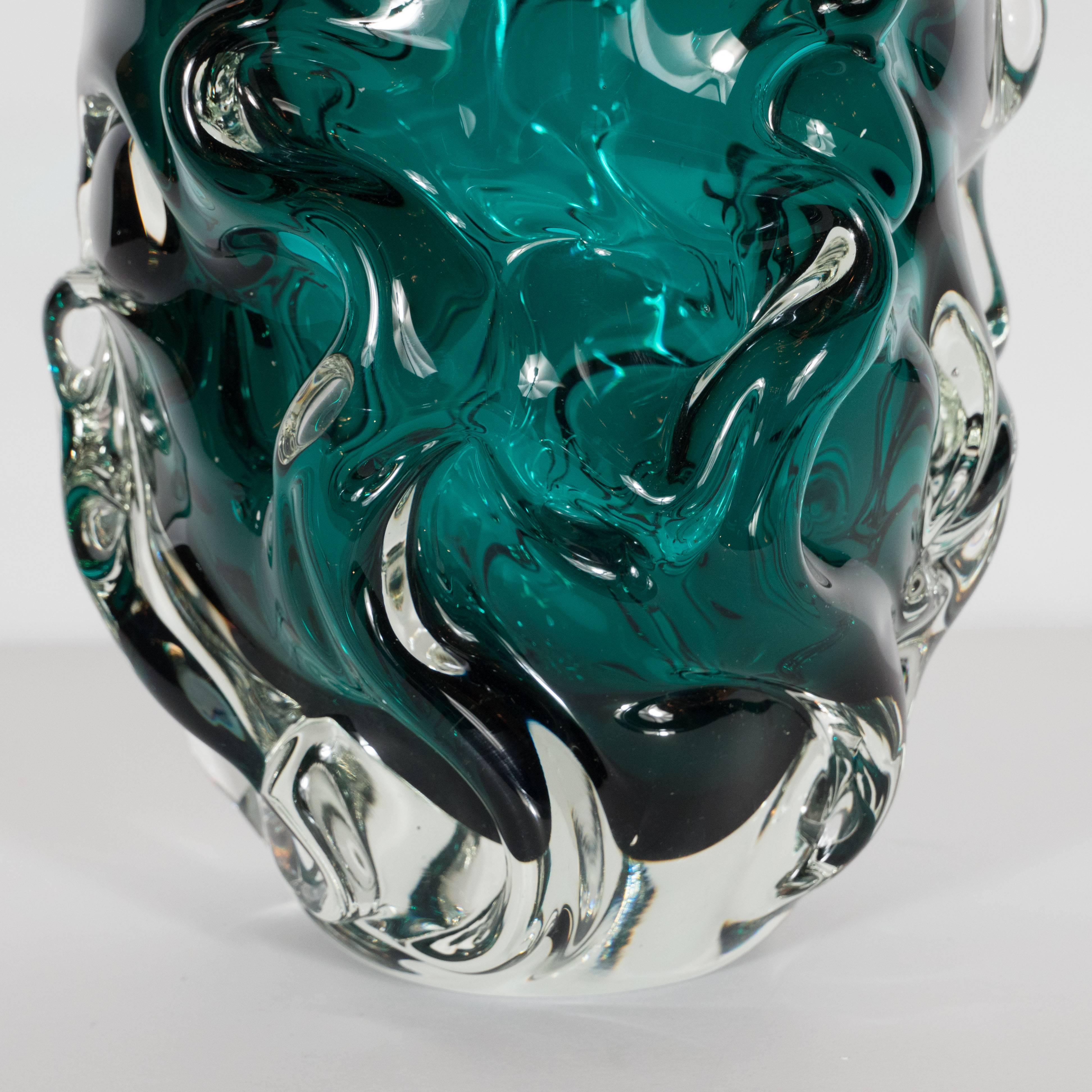 Mid-20th Century Handblown Sculptural Murano Vase with in Translucent and Teal Glass