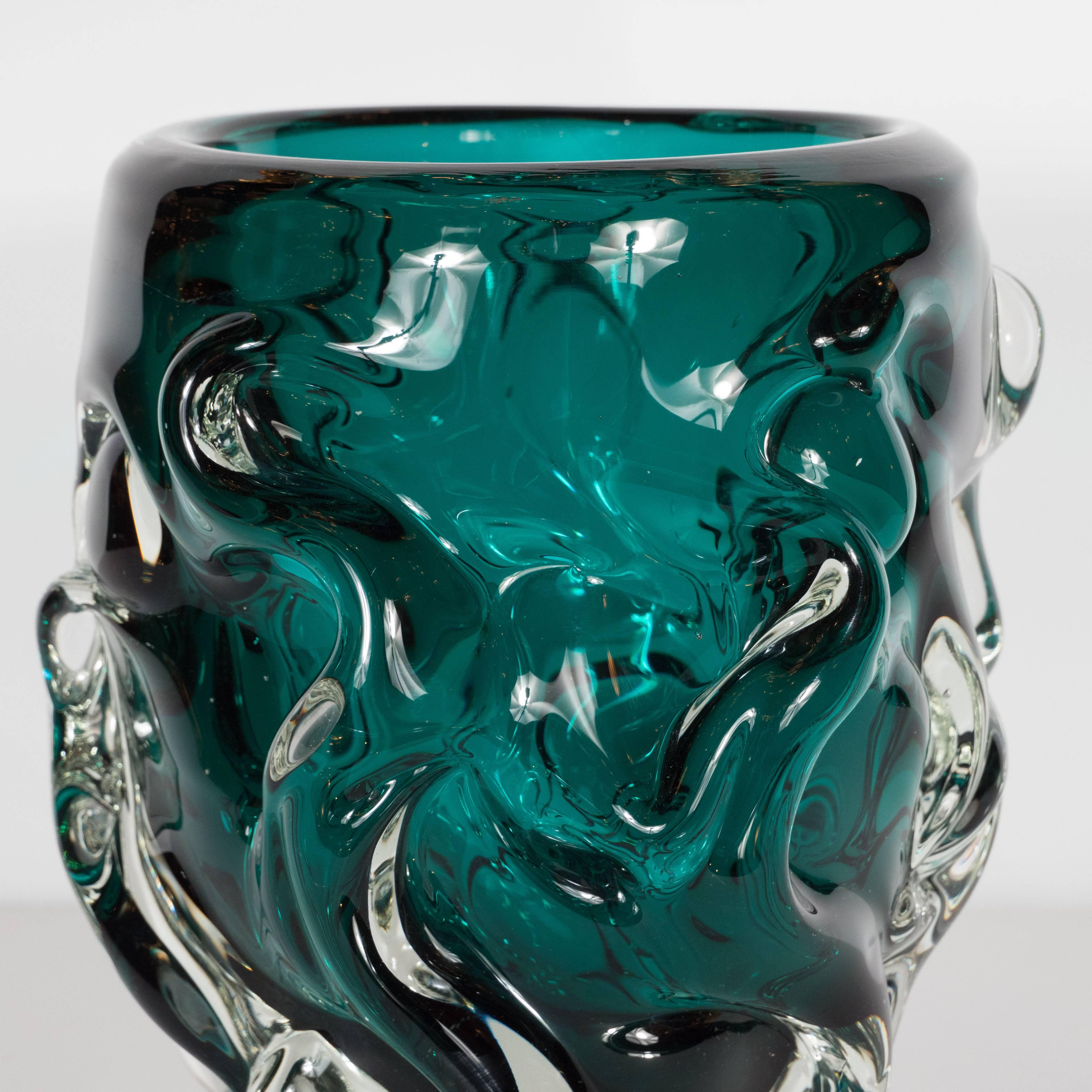 Handblown Sculptural Murano Vase with in Translucent and Teal Glass In Excellent Condition In New York, NY