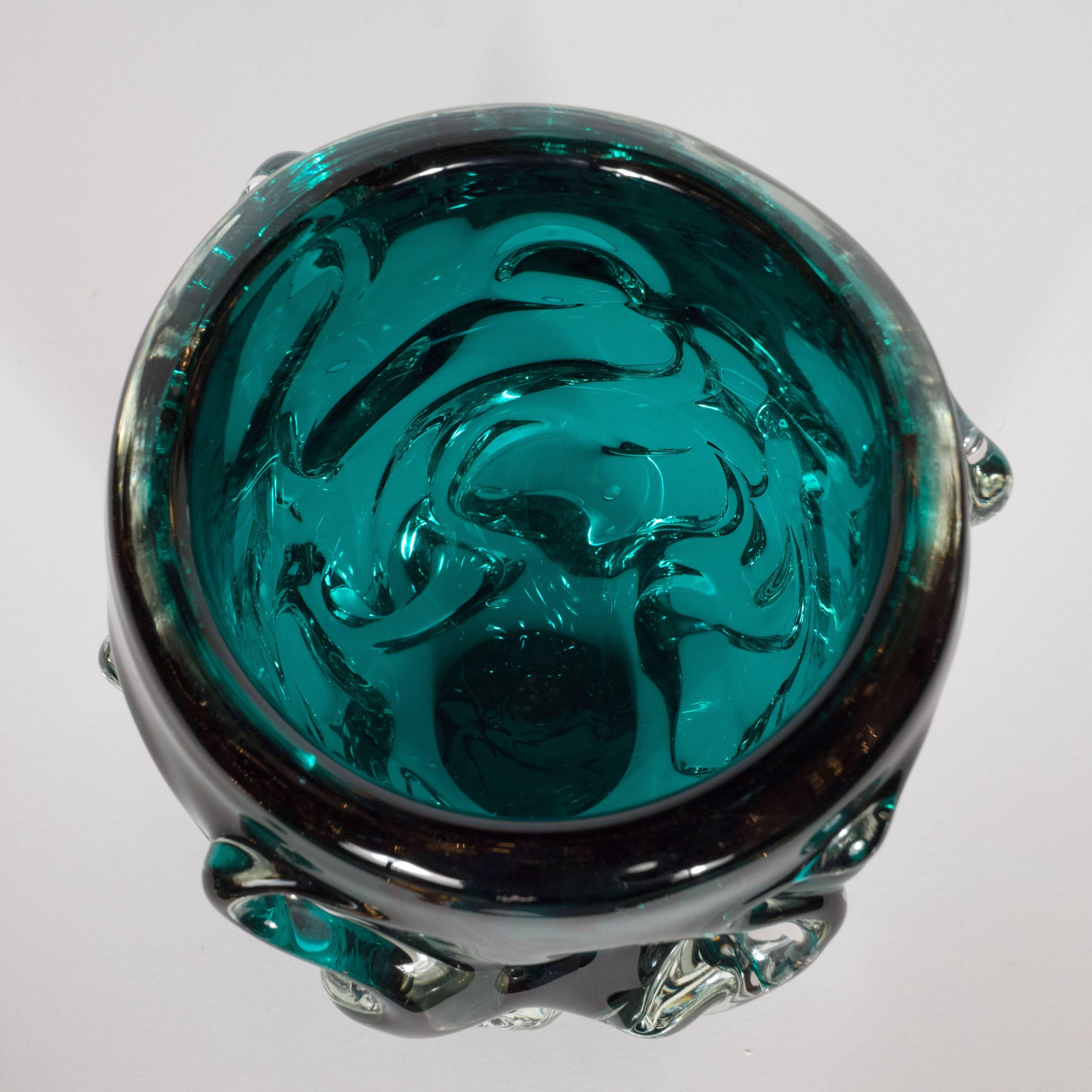 Italian Handblown Sculptural Murano Vase with in Translucent and Teal Glass