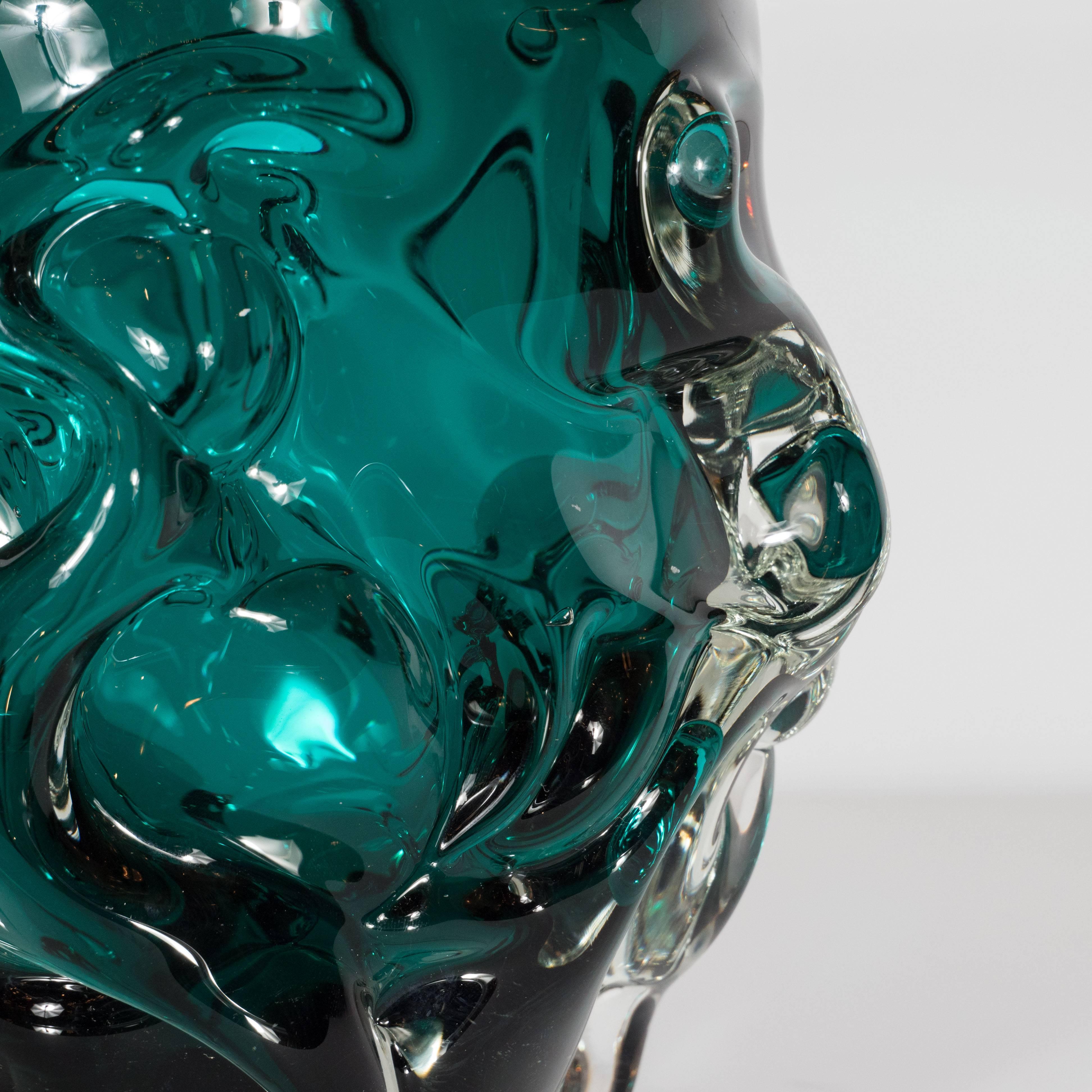 Murano Glass Handblown Sculptural Murano Vase with in Translucent and Teal Glass