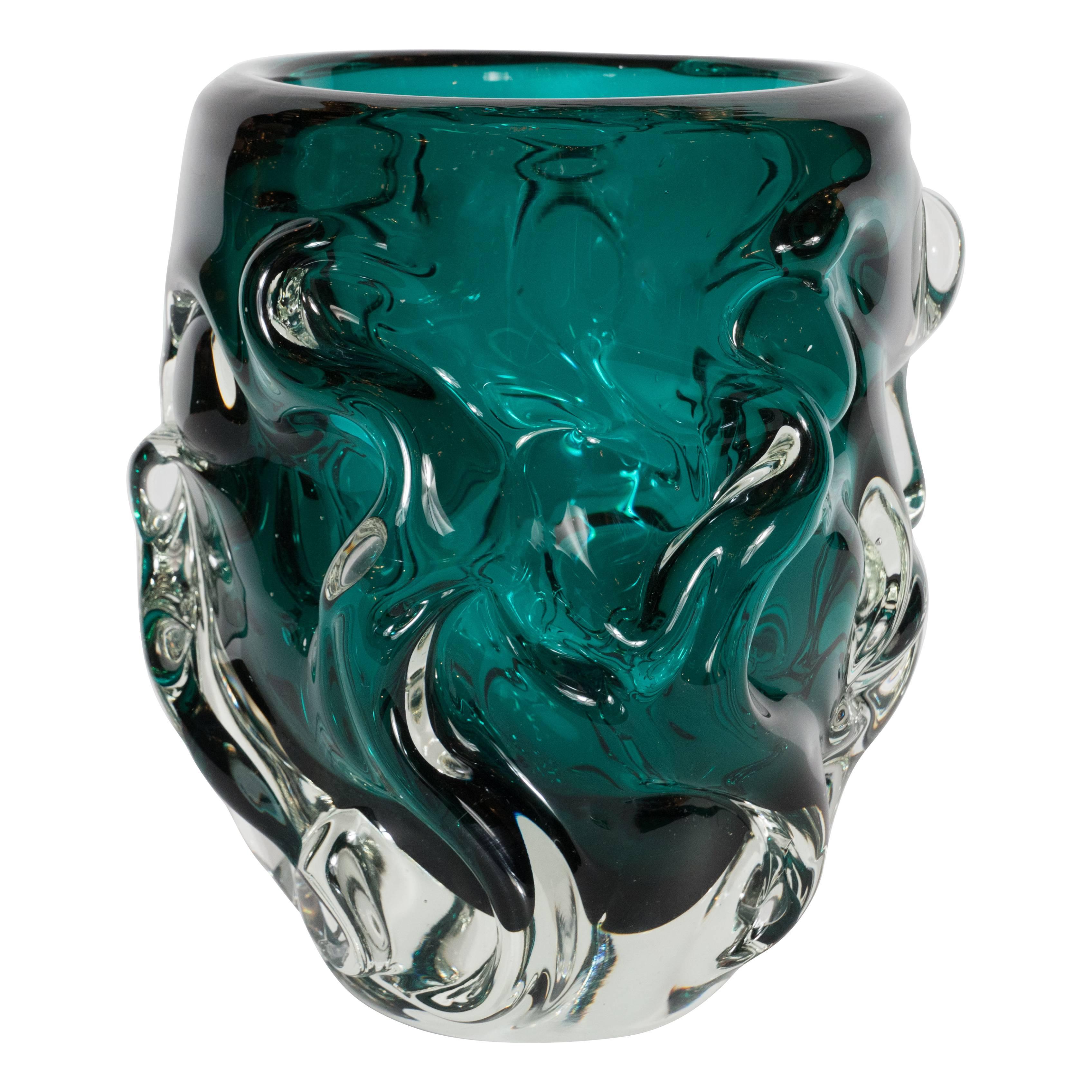Handblown Sculptural Murano Vase with in Translucent and Teal Glass