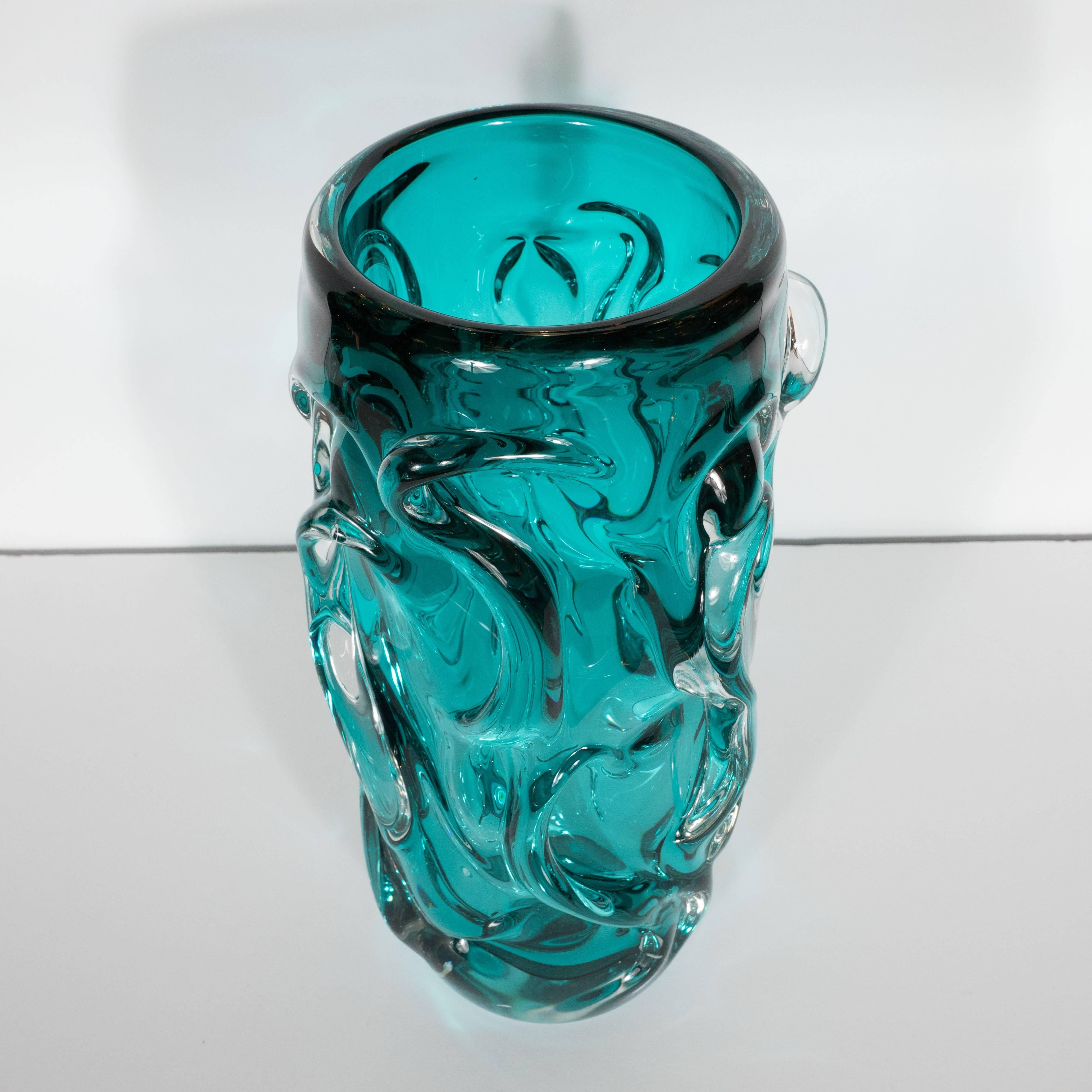 Mid-Century Modern Midcentury Sculptural Handblown Murano Vase in Translucent and Teal Glass