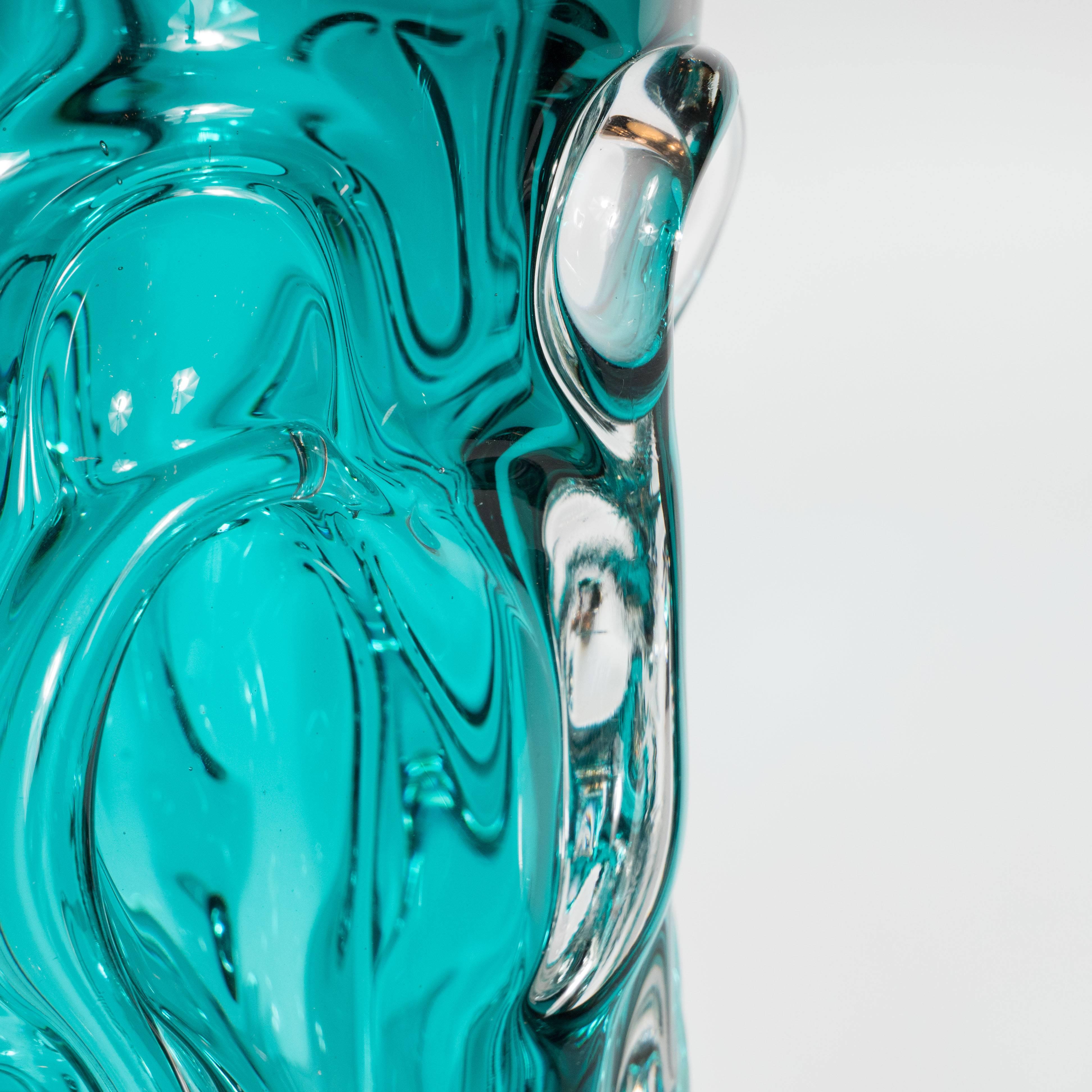 Murano Glass Midcentury Sculptural Handblown Murano Vase in Translucent and Teal Glass
