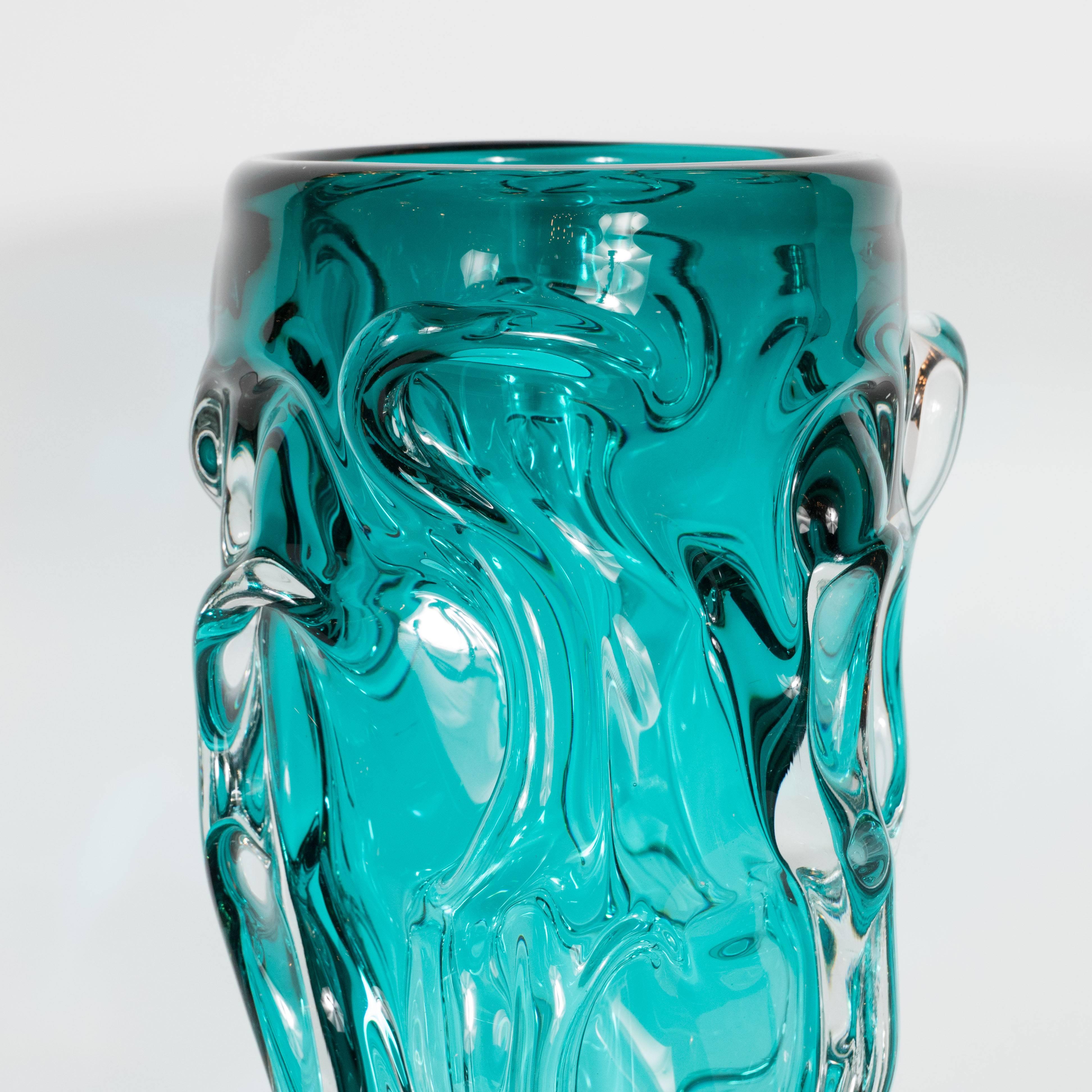 Midcentury Sculptural Handblown Murano Vase in Translucent and Teal Glass In Excellent Condition In New York, NY