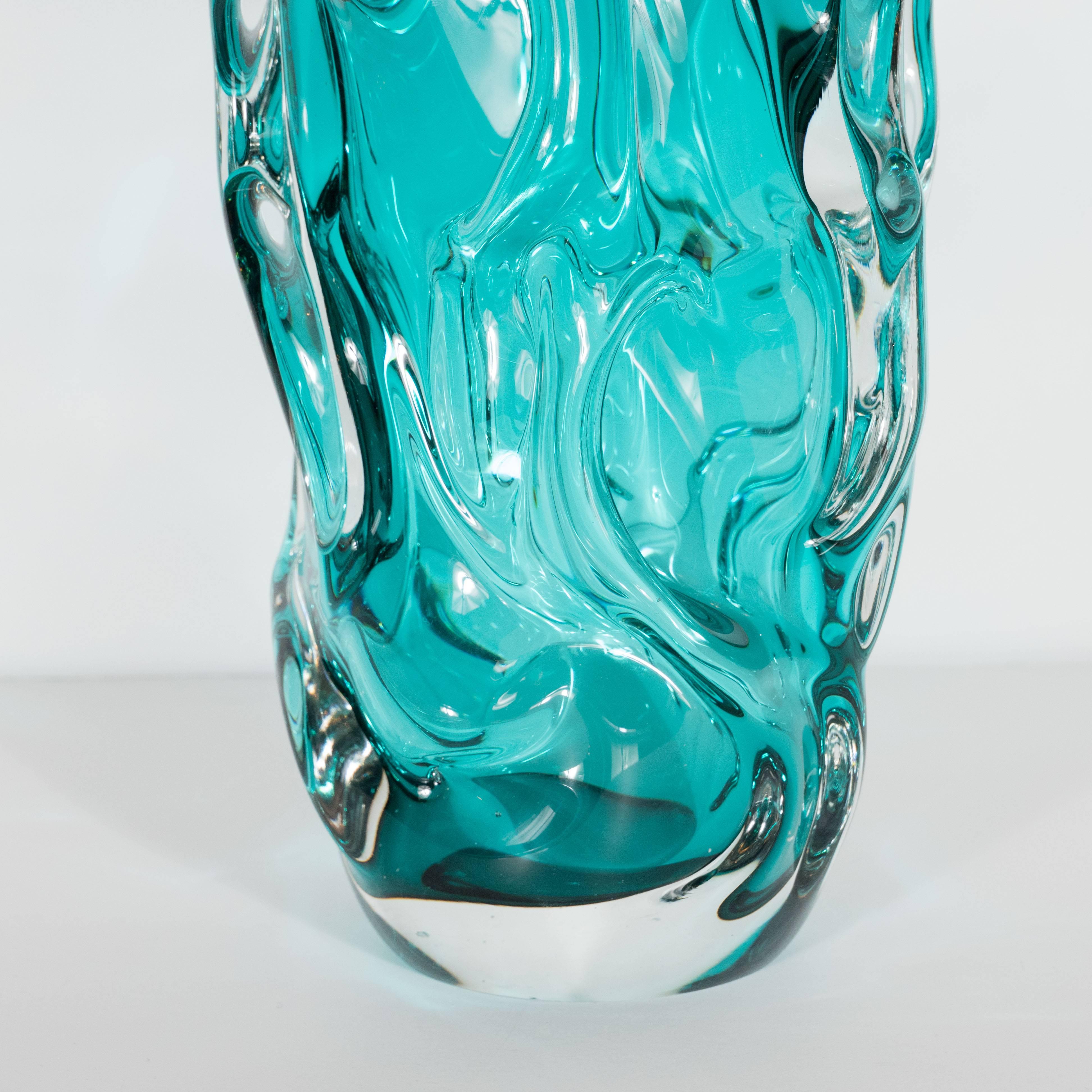 Mid-20th Century Midcentury Sculptural Handblown Murano Vase in Translucent and Teal Glass