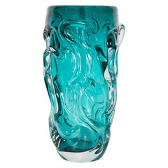 Midcentury Sculptural Handblown Murano Vase in Translucent and Teal Glass