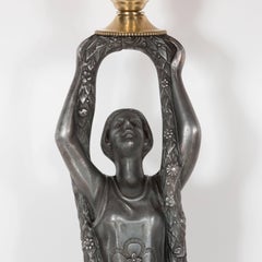 Art Deco Flapper Table Lamp in Antique Pewter with End-of-Day Glass Shade