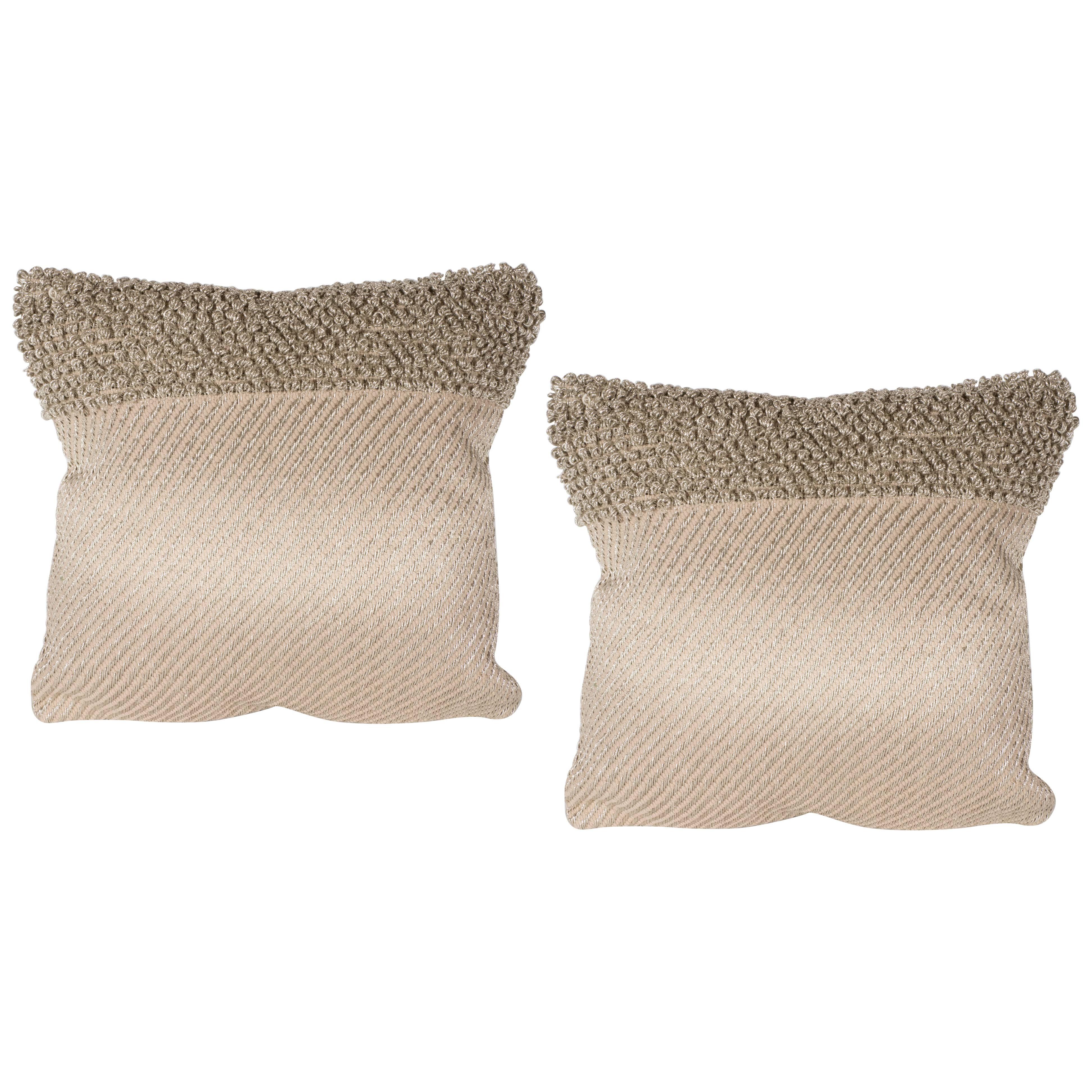 Pair of Textural Modernist Pillows in Taupe with Metallic Silver Thread