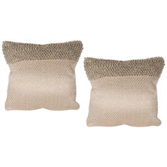 Pair of Textural Modernist Pillows in Taupe with Metallic Silver Thread