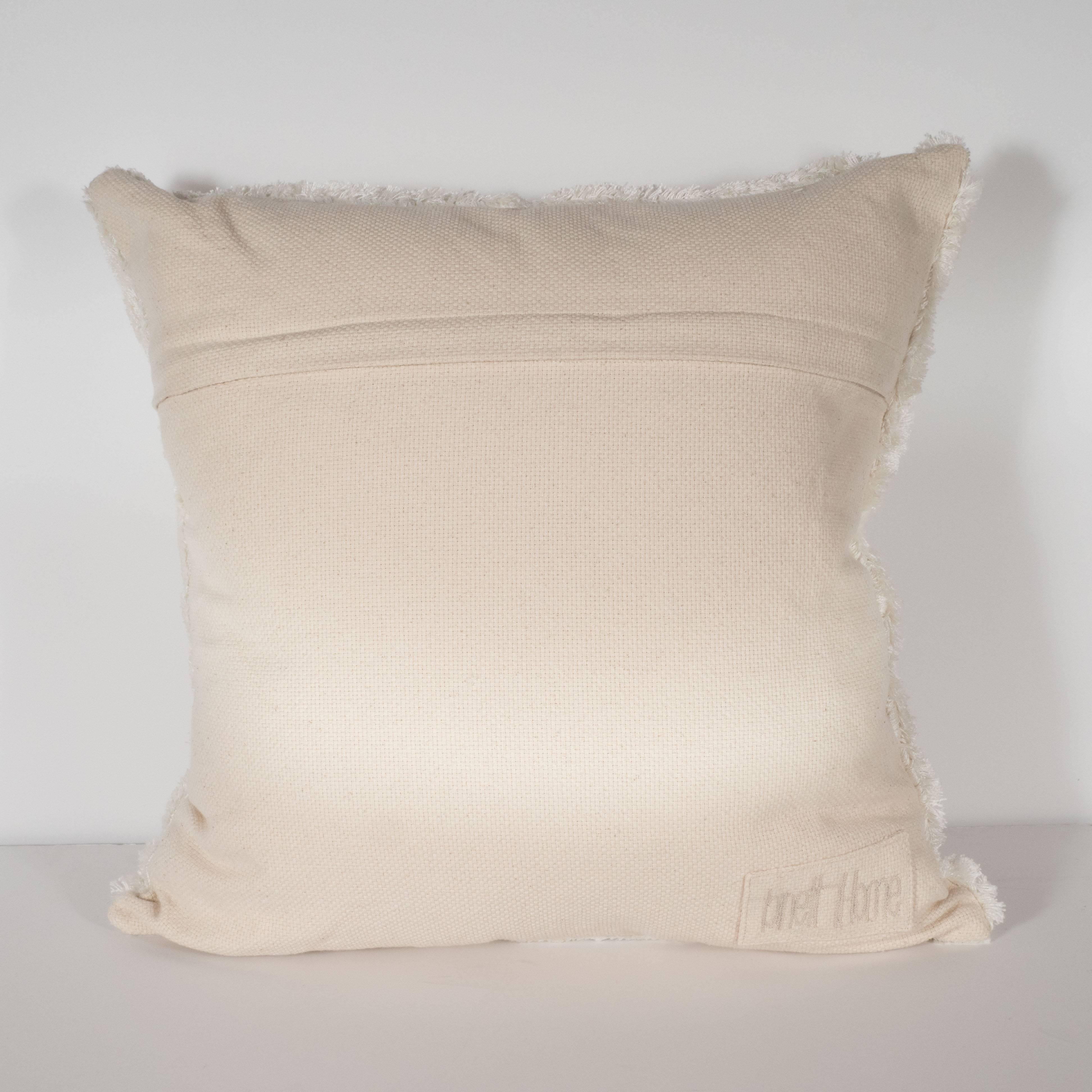 Contemporary Modernist Textural Cotton Cream Pillow with White Geometric Patterns Throughout For Sale
