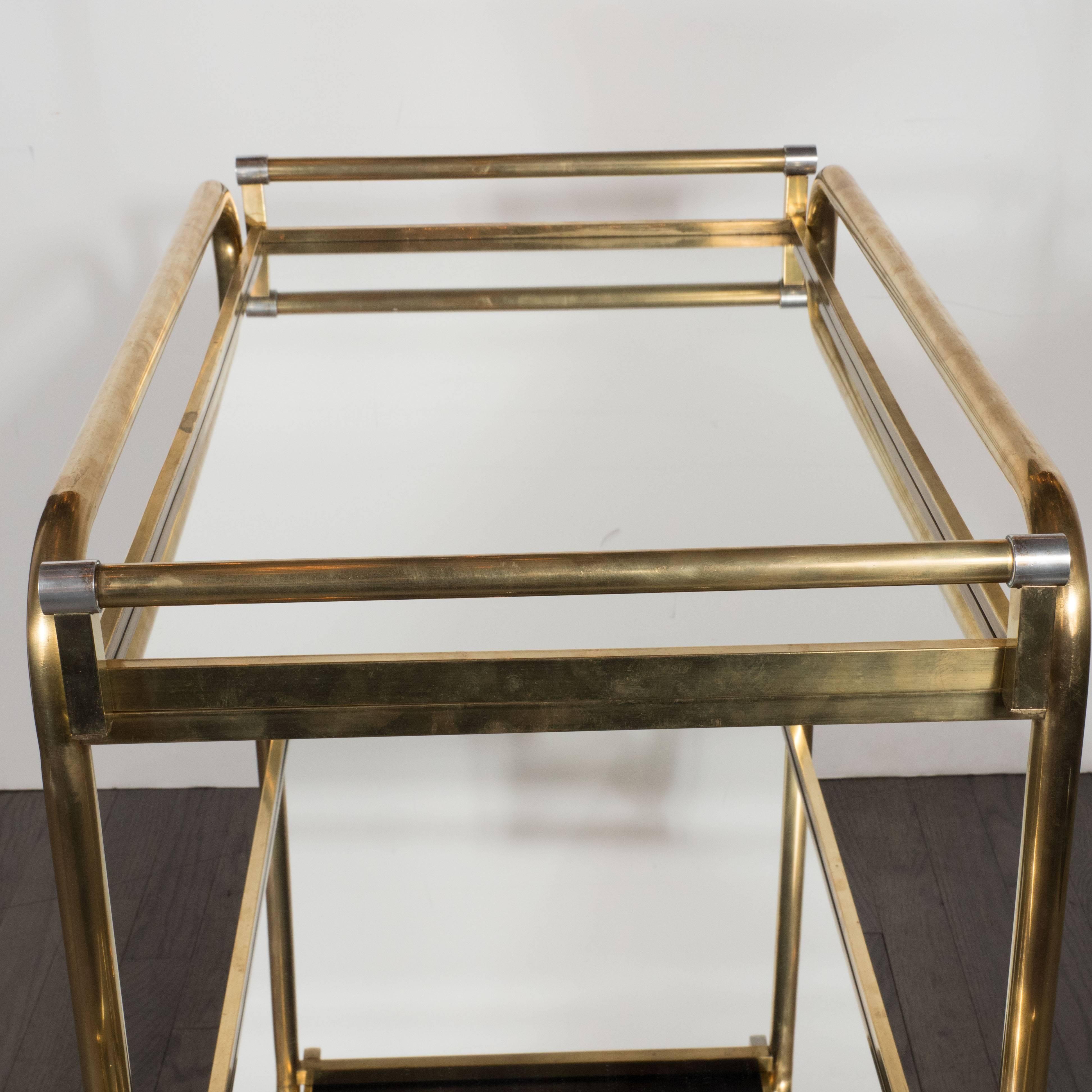 Italian Mid-Century Modern Brass and Mirrored Glass Bar Cart with Casters 2