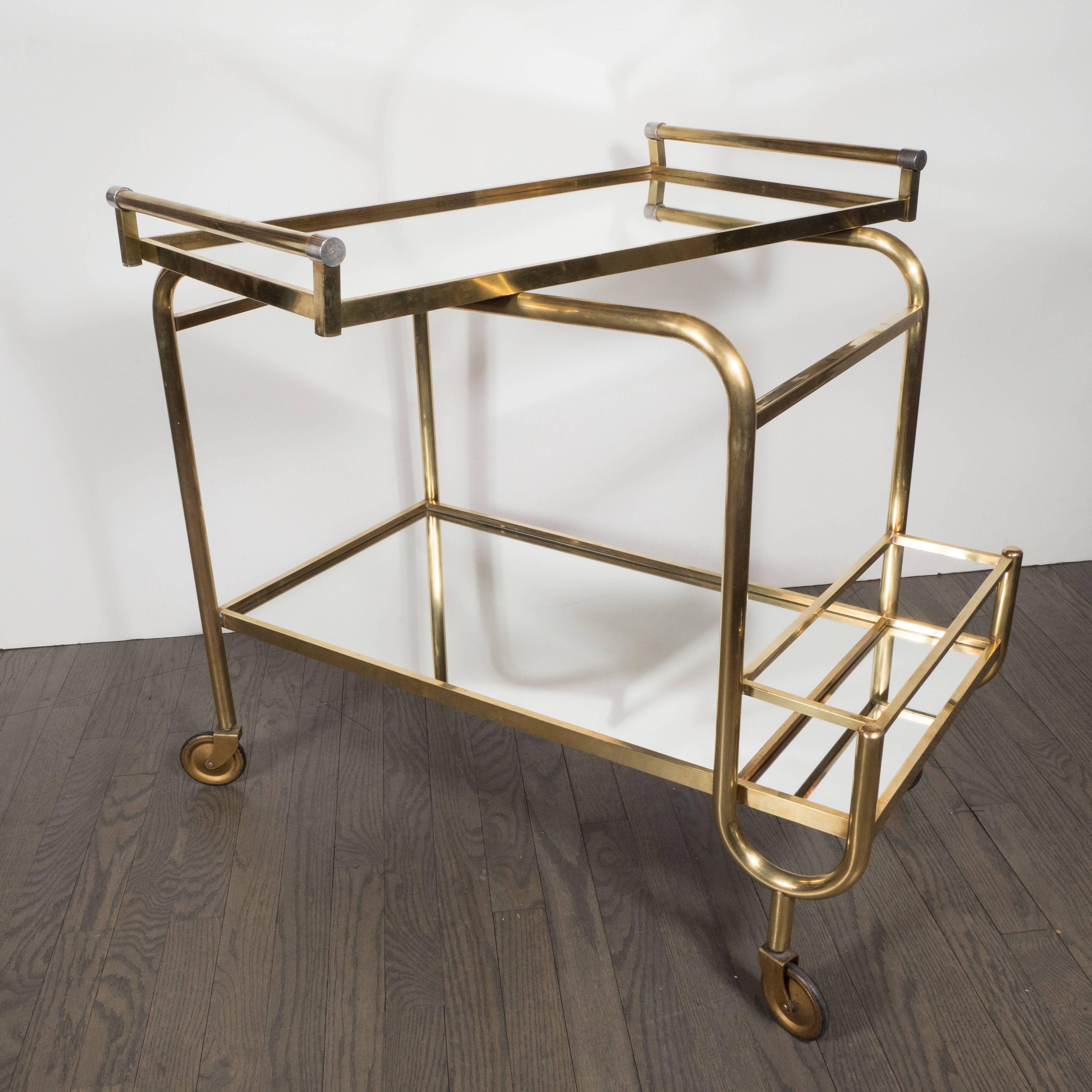 Italian Mid-Century Modern Brass and Mirrored Glass Bar Cart with Casters 1