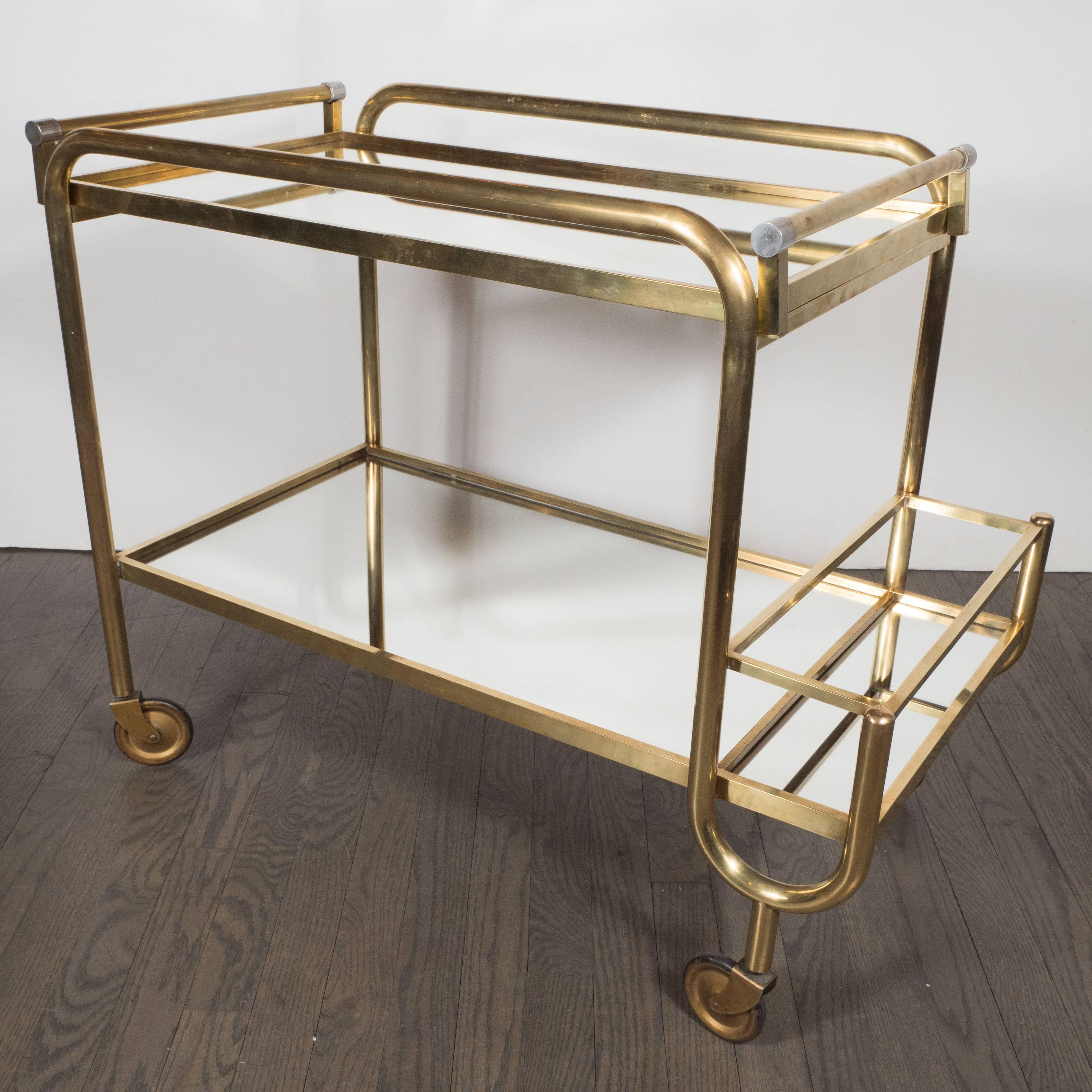 Italian Mid-Century Modern Brass and Mirrored Glass Bar Cart with Casters In Excellent Condition In New York, NY