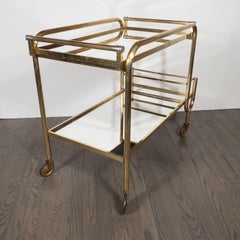 Italian Mid-Century Modern Brass and Mirrored Glass Bar Cart with Casters