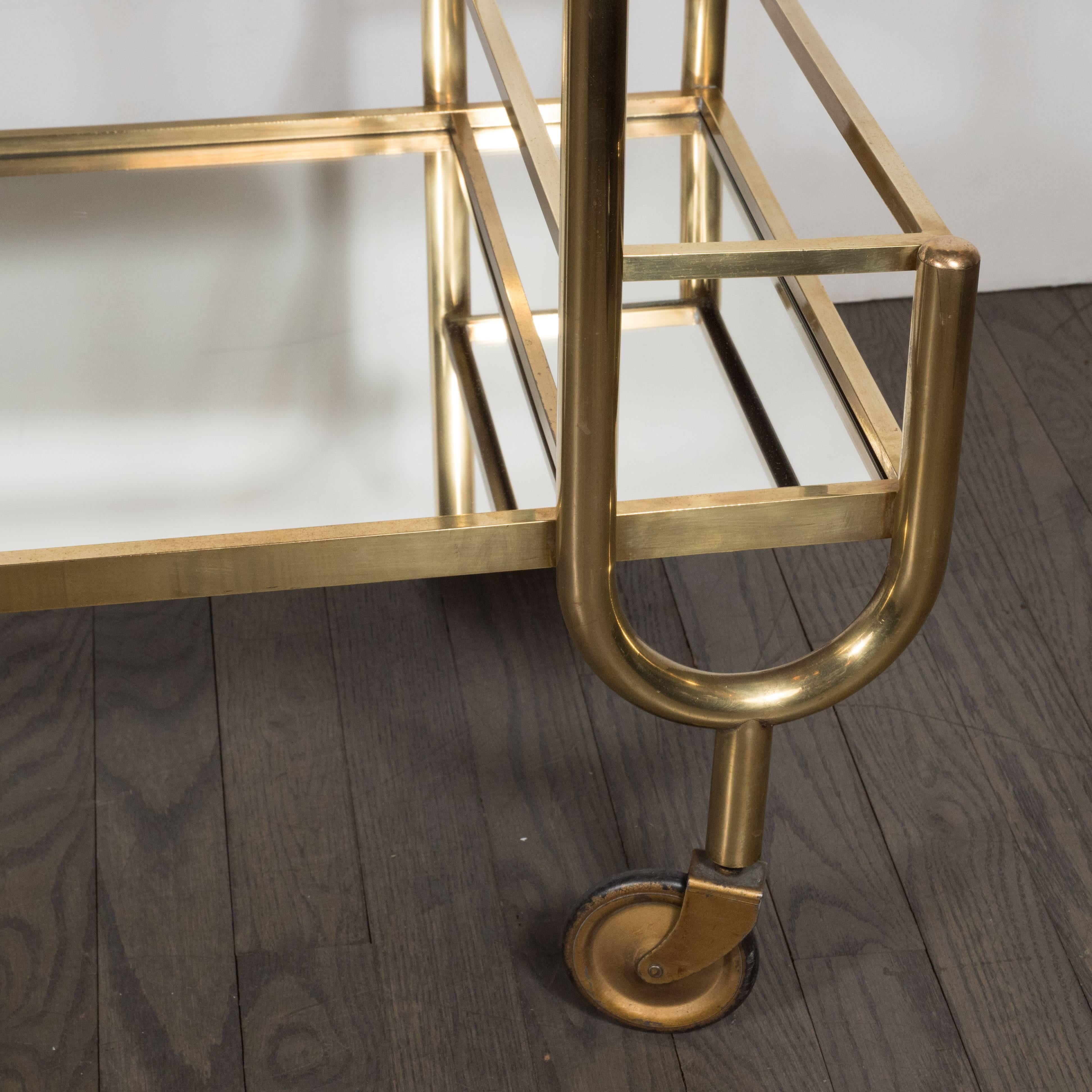 Italian Mid-Century Modern Brass and Mirrored Glass Bar Cart with Casters 5