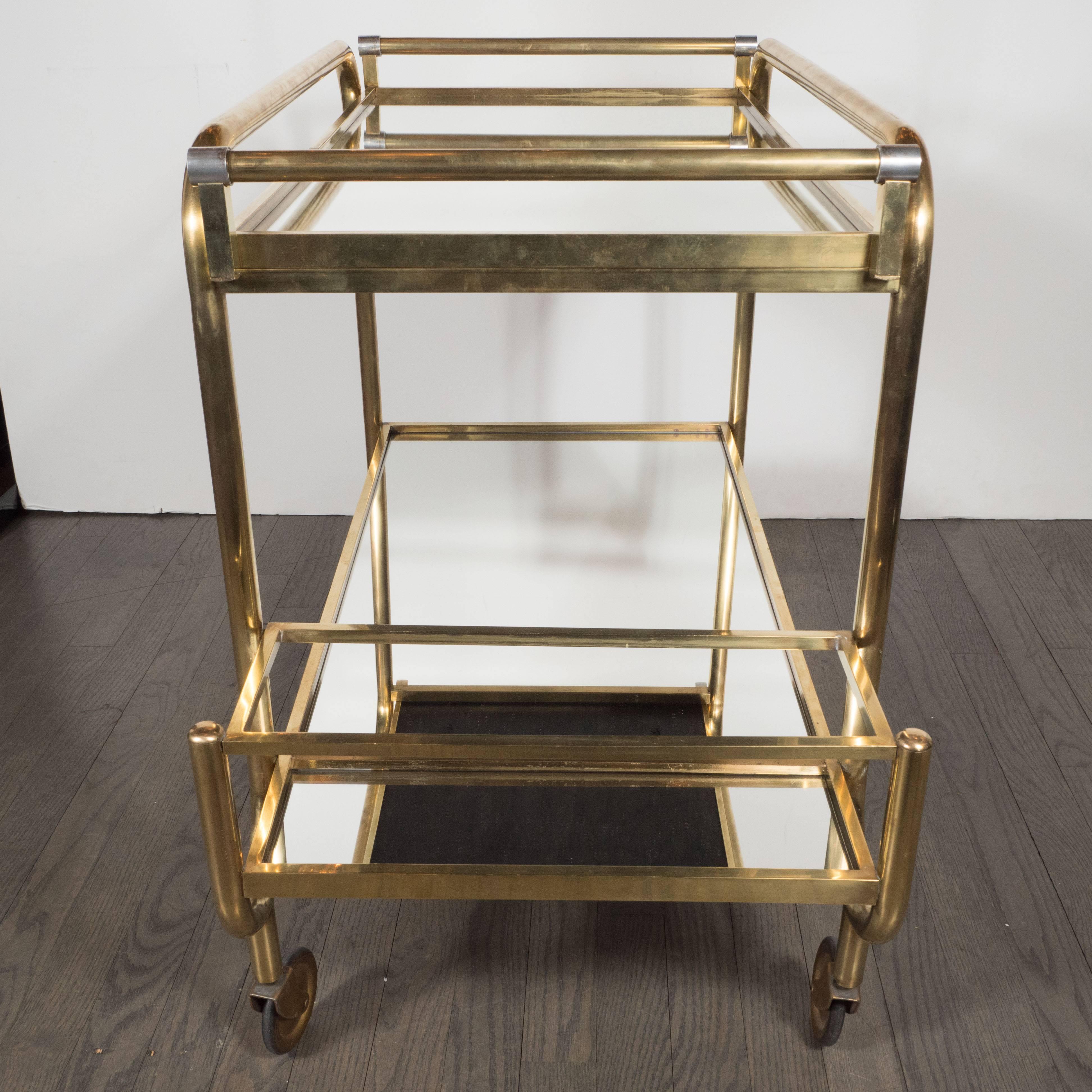 Mid-20th Century Italian Mid-Century Modern Brass and Mirrored Glass Bar Cart with Casters