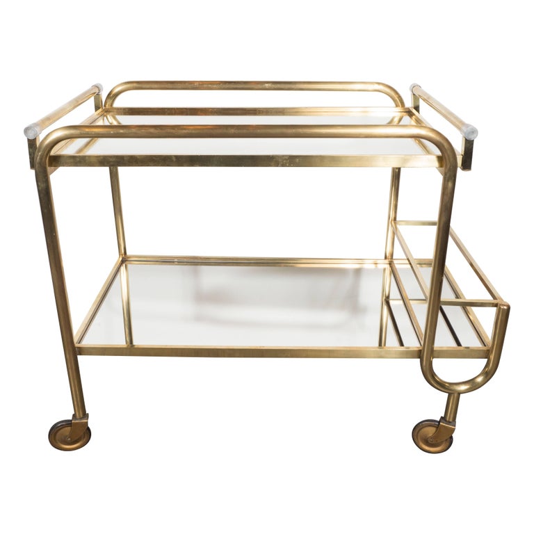 Italian MidCentury Modern Brass and Mirrored Glass Bar Cart with