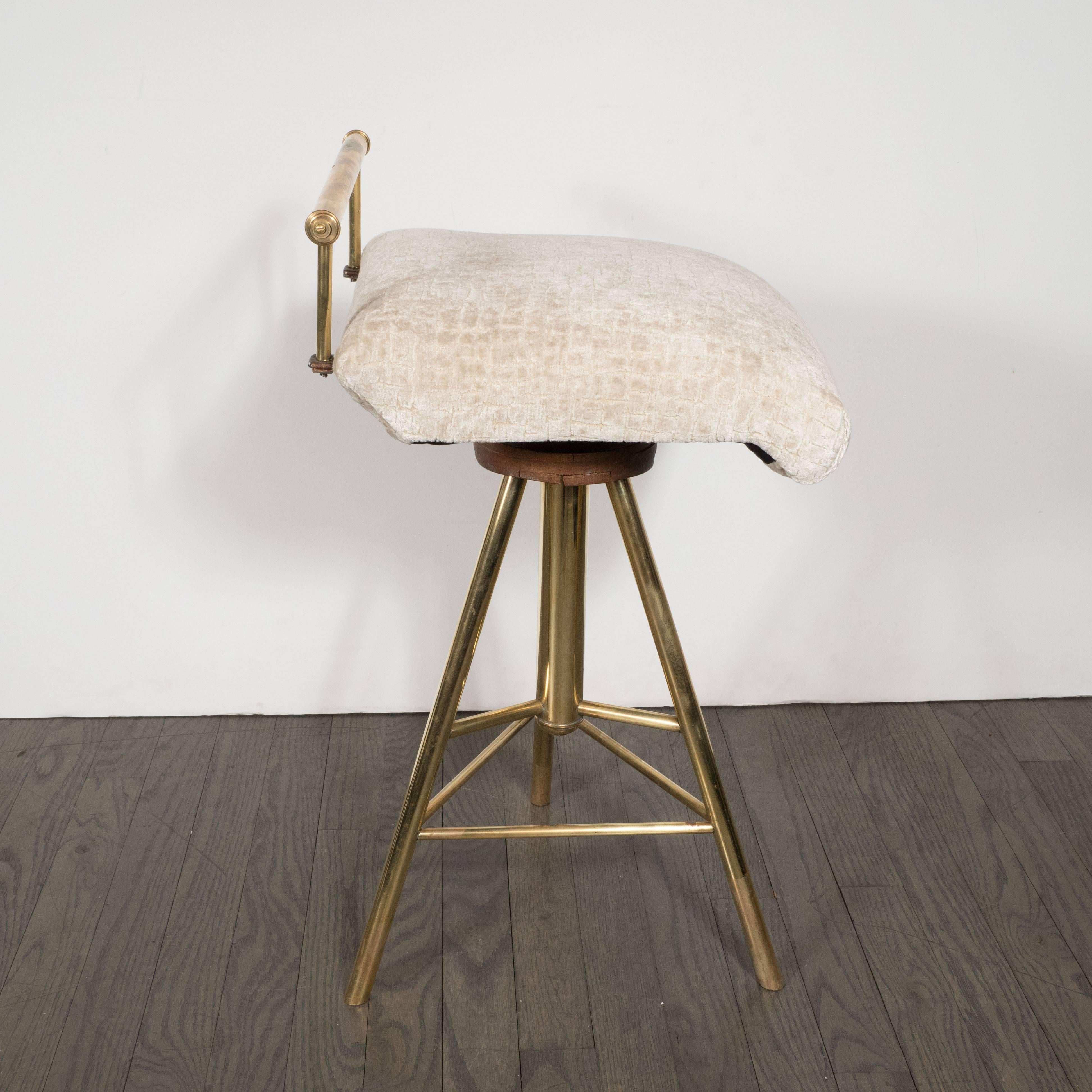 Mid-Century Modern Swivelling Brass Stool with Gauffraged Crocodile Velvet In Excellent Condition In New York, NY