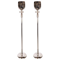 Pair of Mid-Century Modern Nickel Floor Lamps/ Torchieres, Style of Parzinger