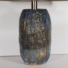 Signed Organic Mid-Century Modern Hand-Painted Ceramic Lamp with Nickel Fittings
