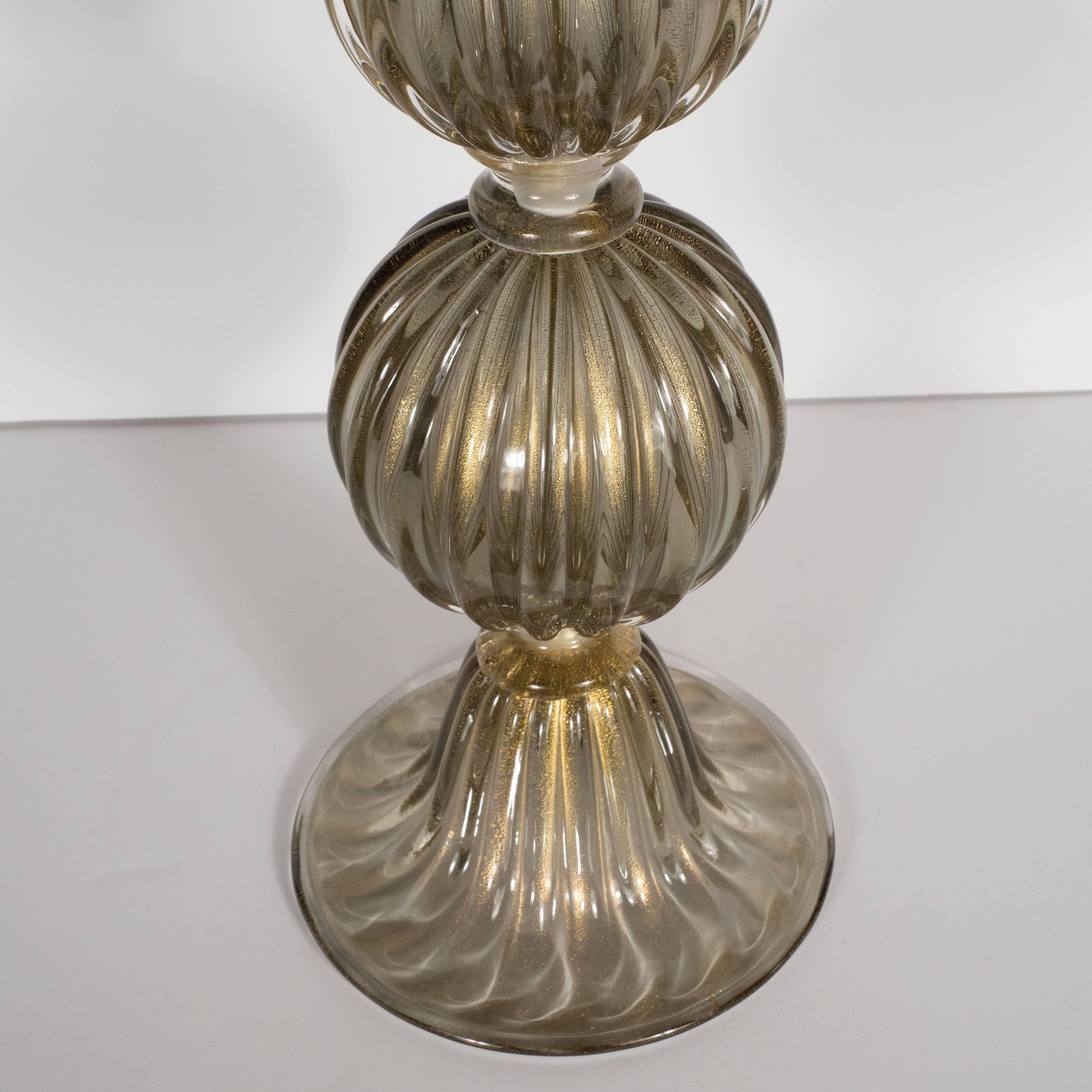 Contemporary Pair of Modernist Handblown Murano Smoked Glass Table Lamps, 24kt Gold Flecks For Sale