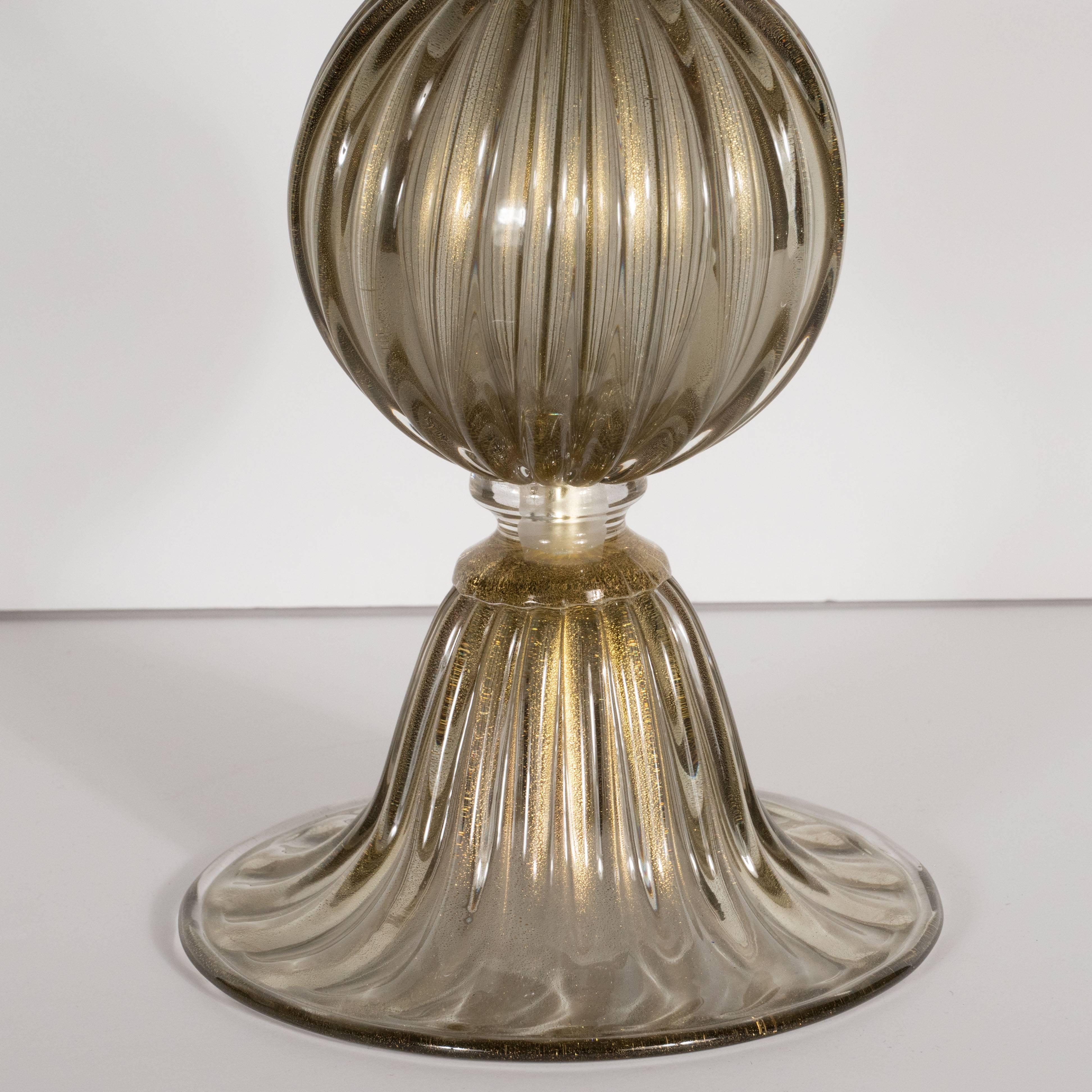 Brass Pair of Modernist Handblown Murano Smoked Glass Table Lamps, 24kt Gold Flecks For Sale