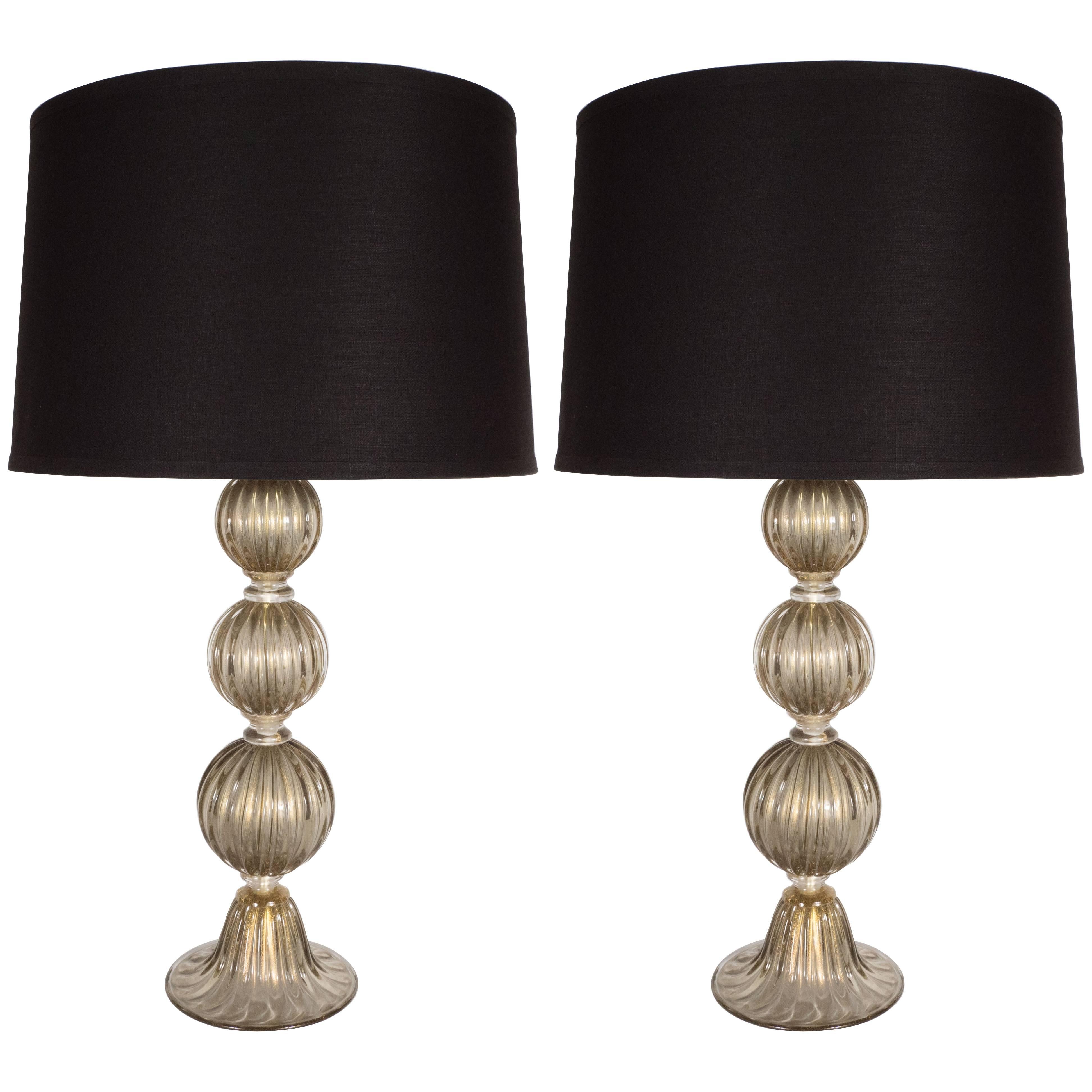 Pair of Modernist Handblown Murano Smoked Glass Table Lamps, 24kt Gold Flecks For Sale