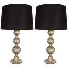 Pair of Modernist Handblown Murano Smoked Glass Table Lamps, 24kt Gold Flecks
