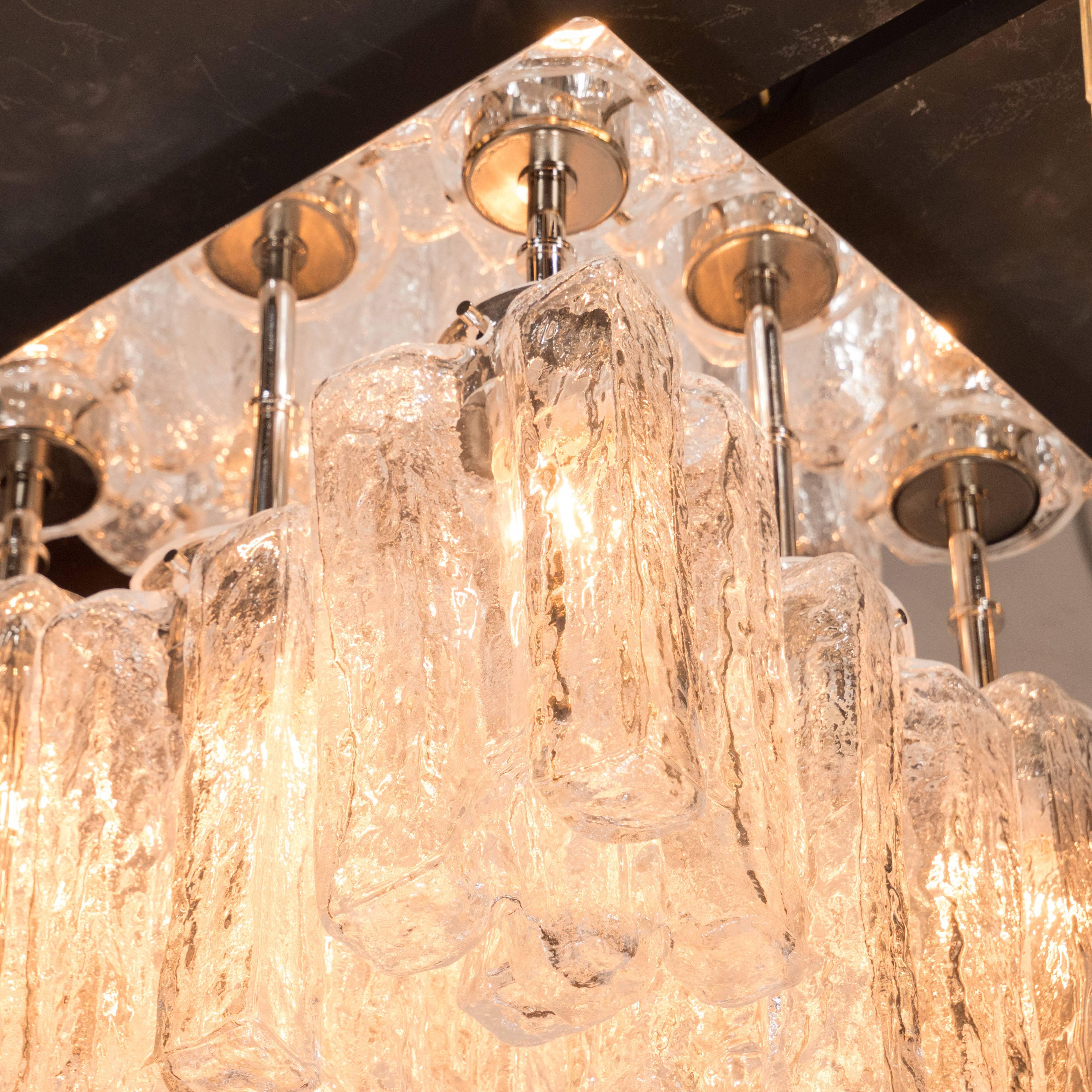 Italian Modernist Translucent Ice Glass Flush Mount Chandelier with Polished Chrome Base
