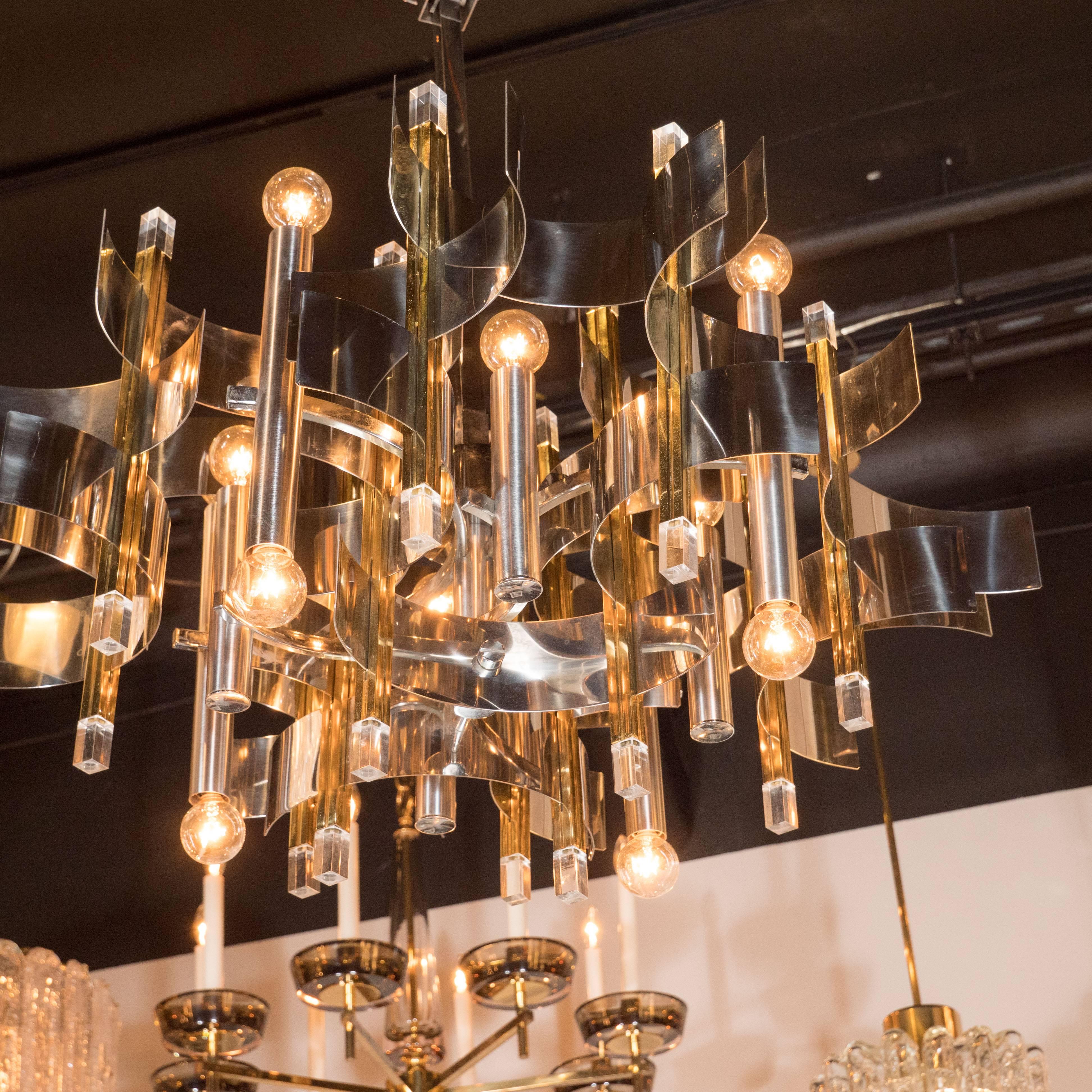 Polished Italian Mid-Century Modern Brass, Chrome and Lucite Chandelier by Sciolari