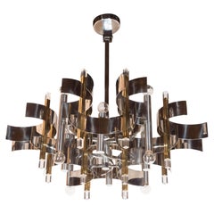 Italian Mid-Century Modern Brass, Chrome and Lucite Chandelier by Sciolari