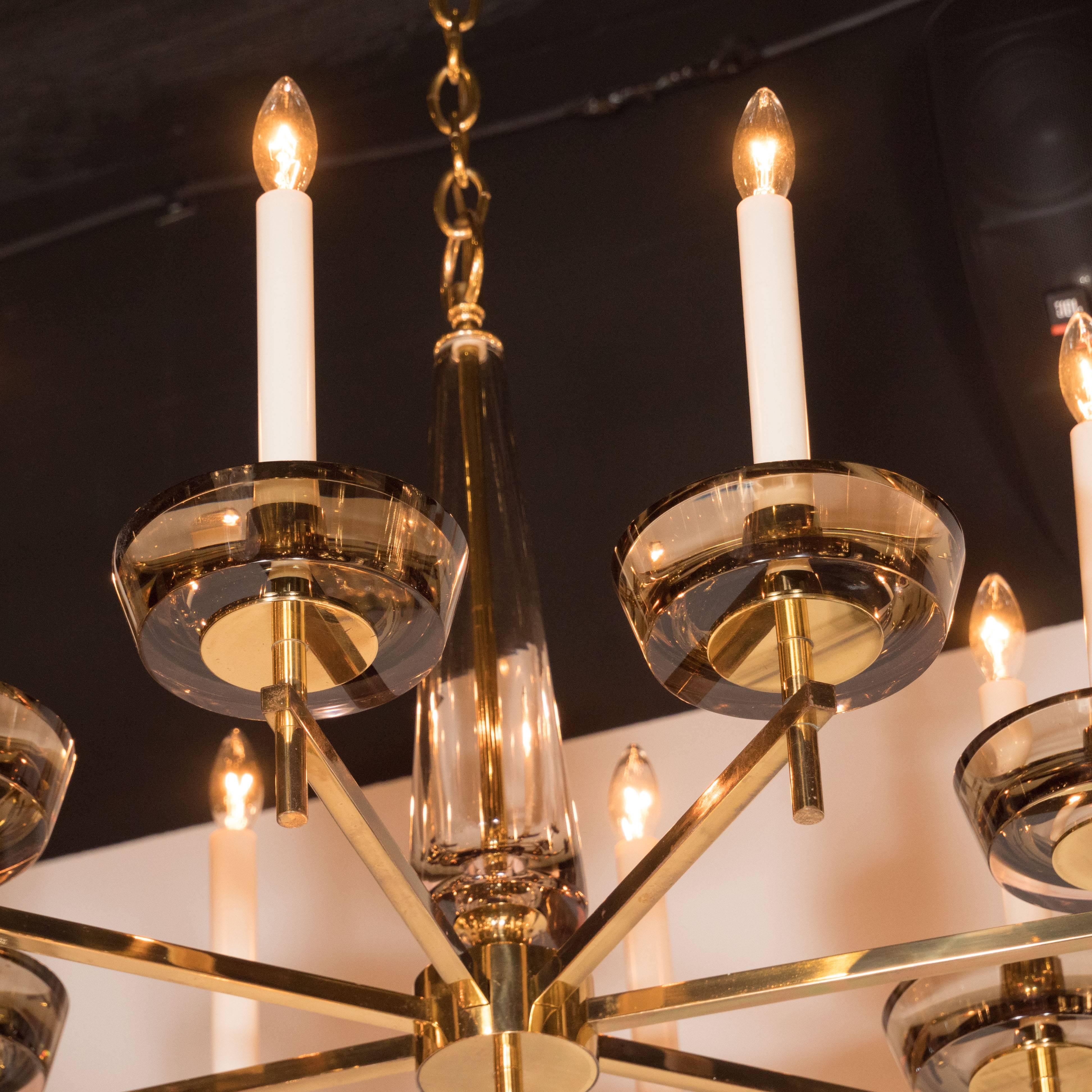 Mid-Century Modern Brass & Smoked Glass Eight-Arm Chandelier in Gio Ponti Manner In Excellent Condition In New York, NY