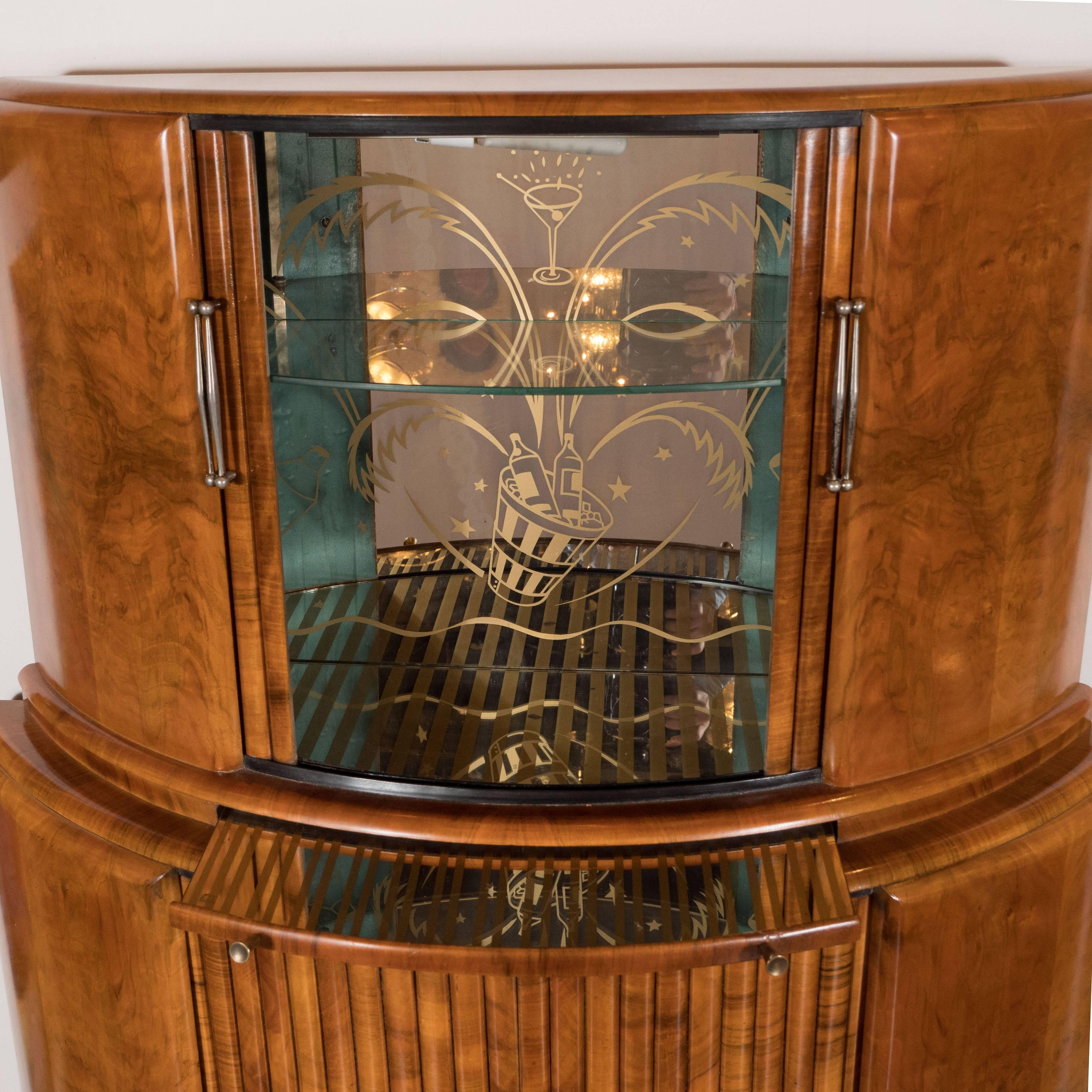 Mid-20th Century Art Deco Skyscraper Style Bookmatched Bar Cabinet with Antiqued Nickel Pulls